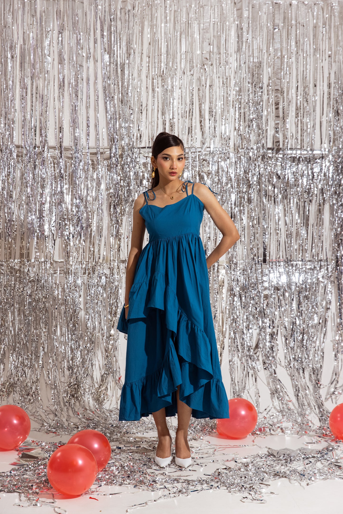 Blue Thin Strap Ruffled Dress