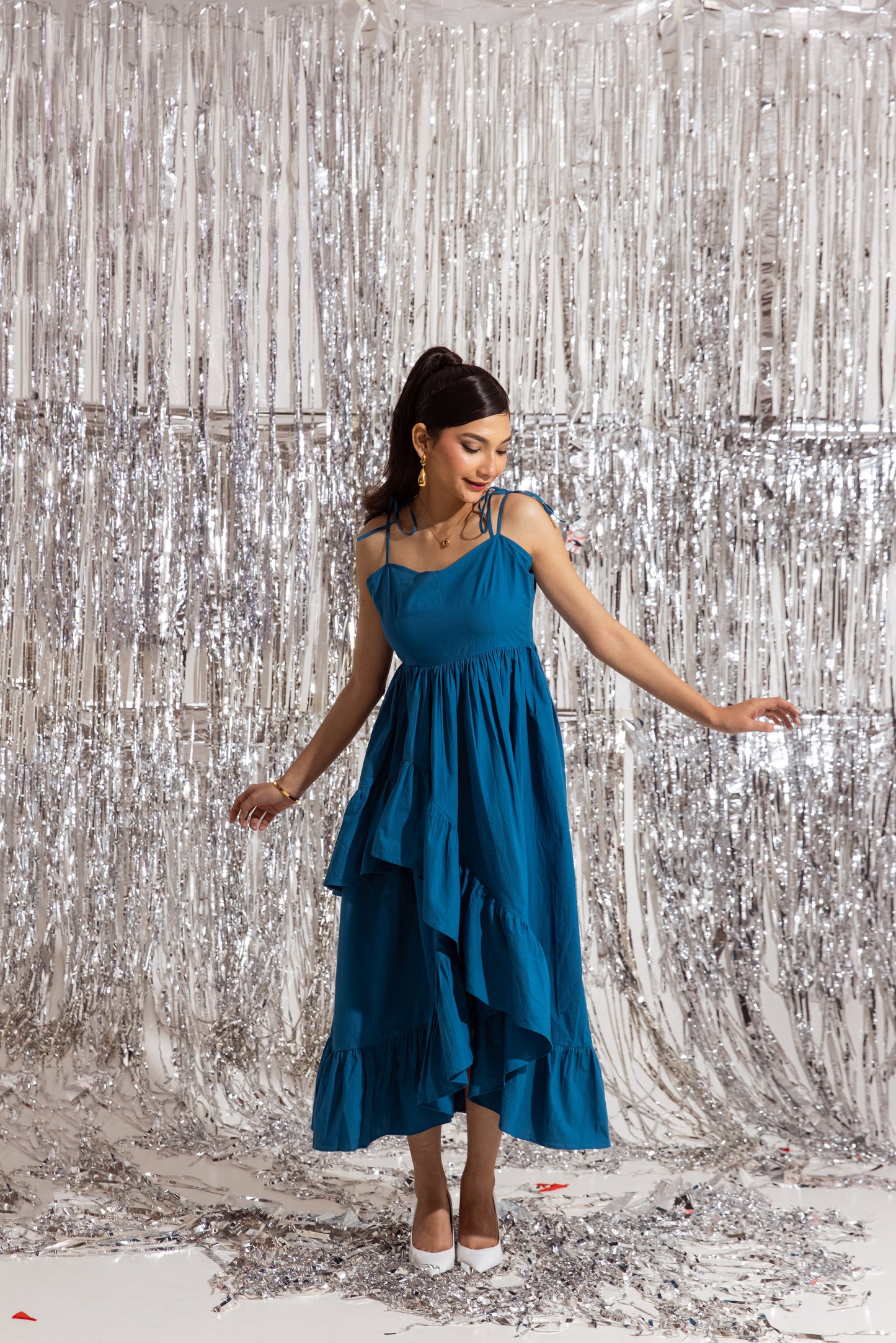 Blue Thin Strap Ruffled Dress