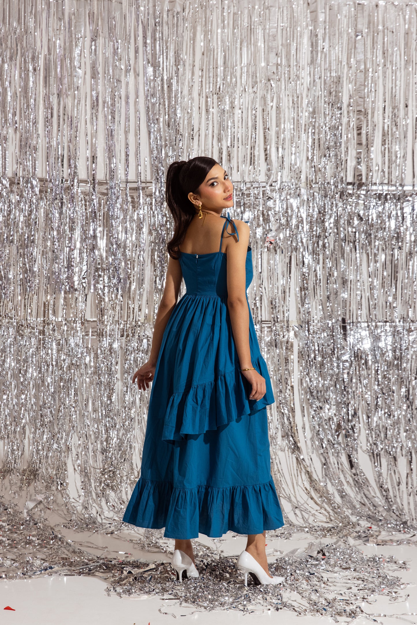 Blue Thin Strap Ruffled Dress