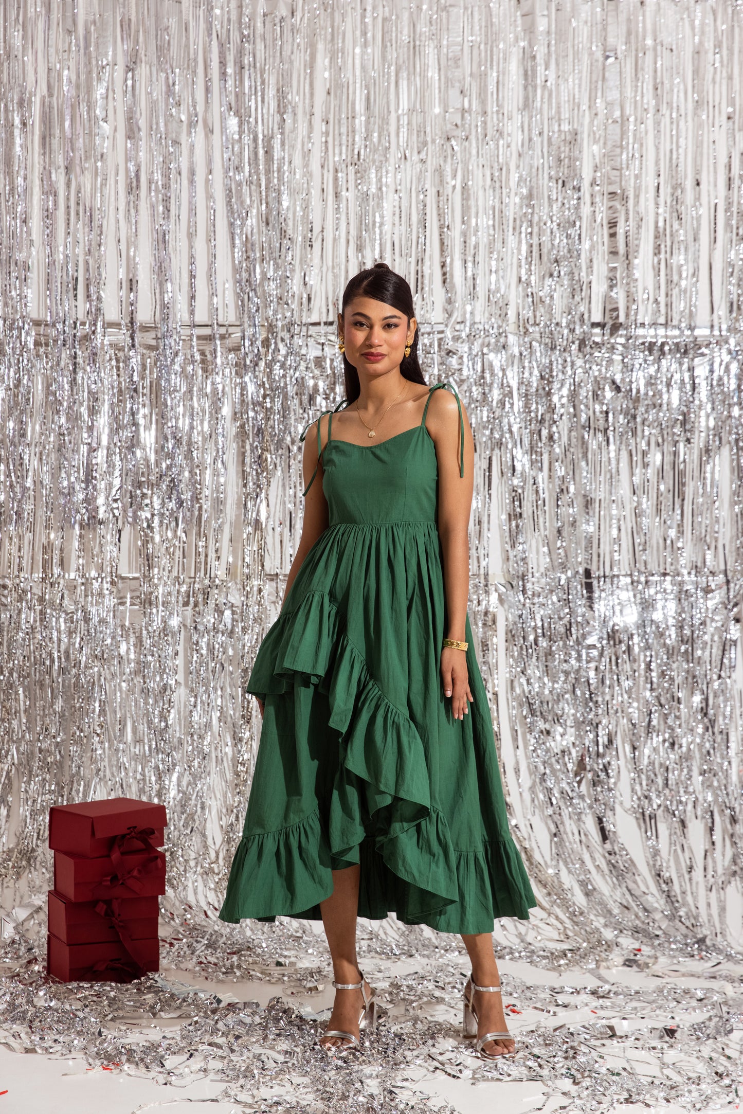 Green Thin Strap Ruffled Dress