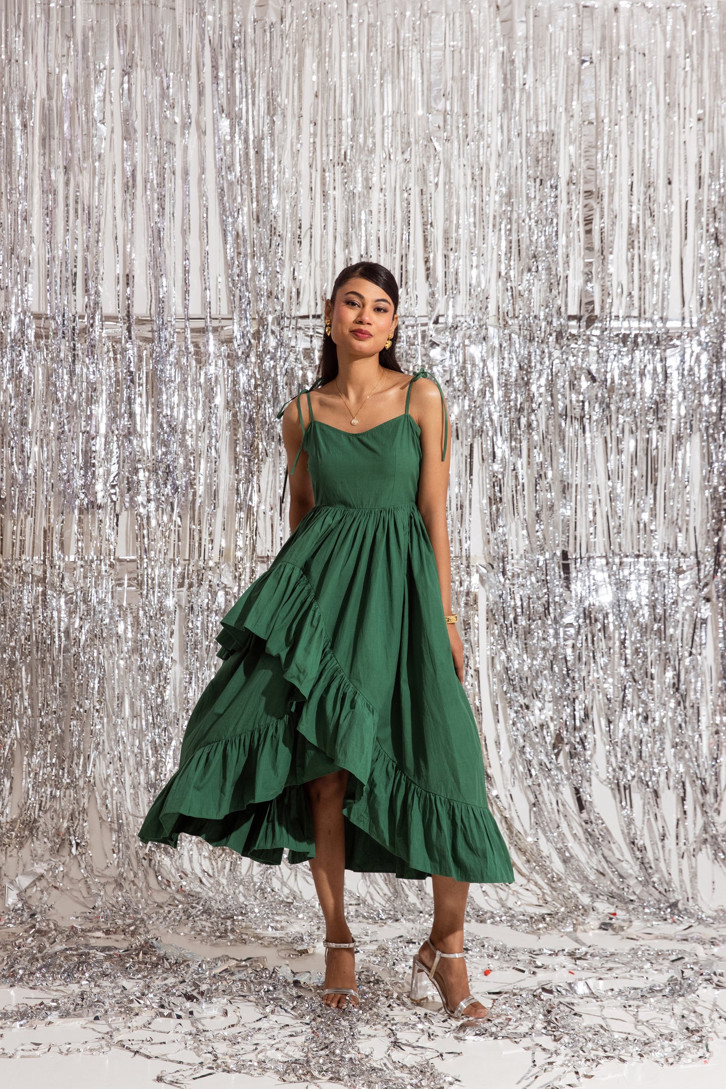 Green Thin Strap Ruffled Dress