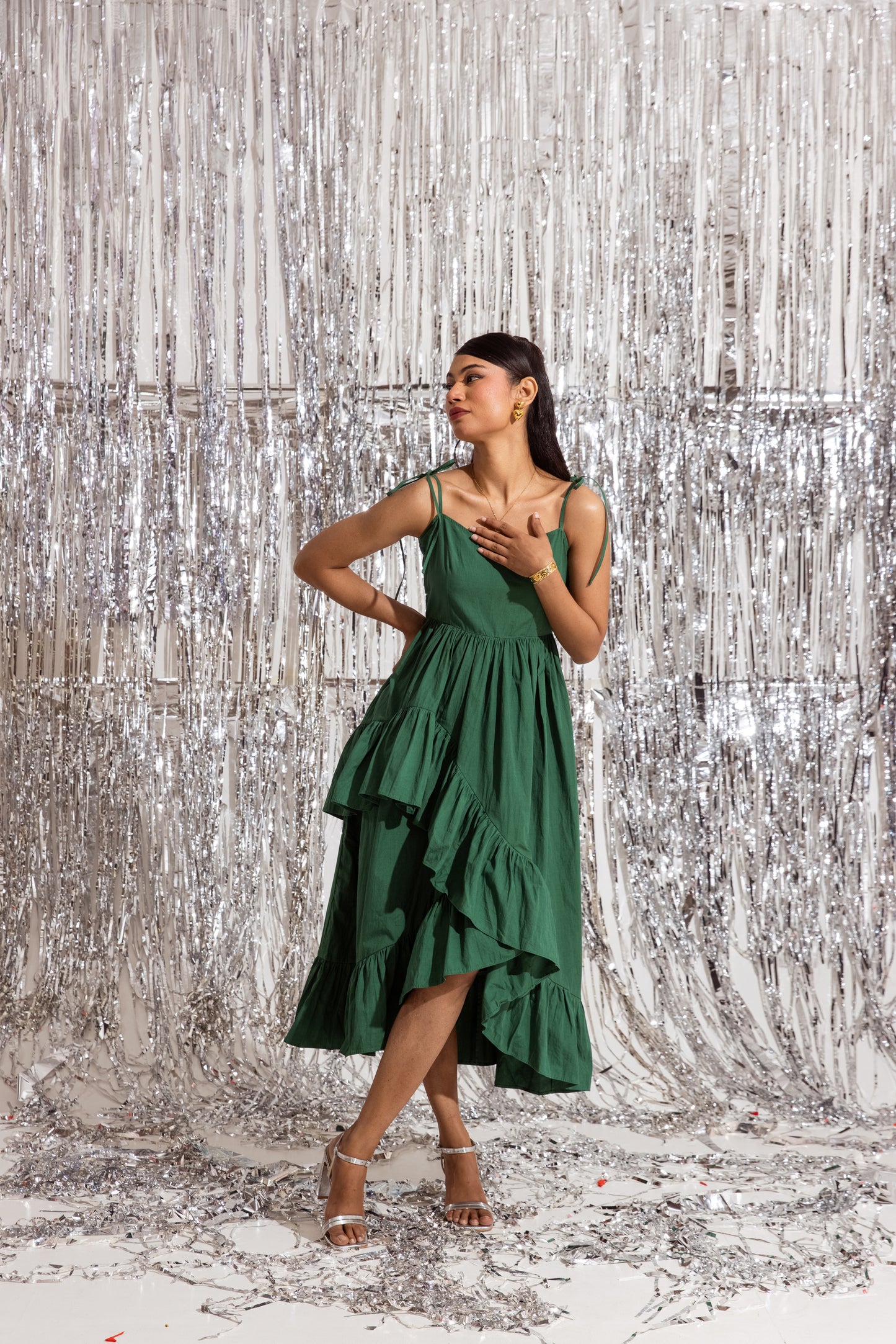 Green Thin Strap Ruffled Dress