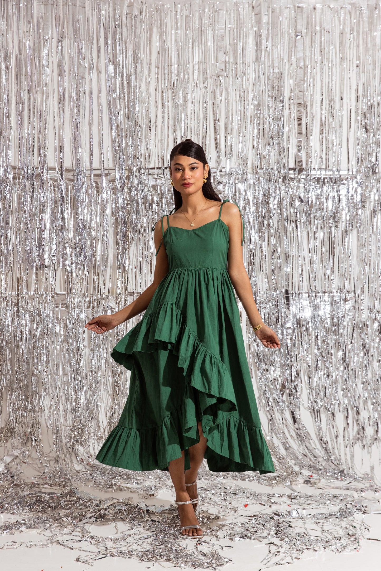 Green Thin Strap Ruffled Dress