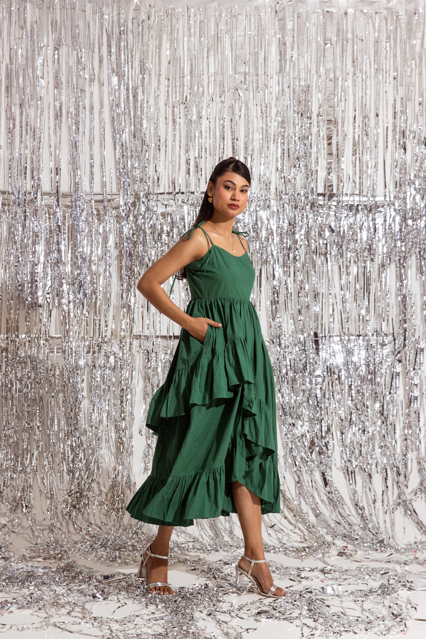 Green Thin Strap Ruffled Dress