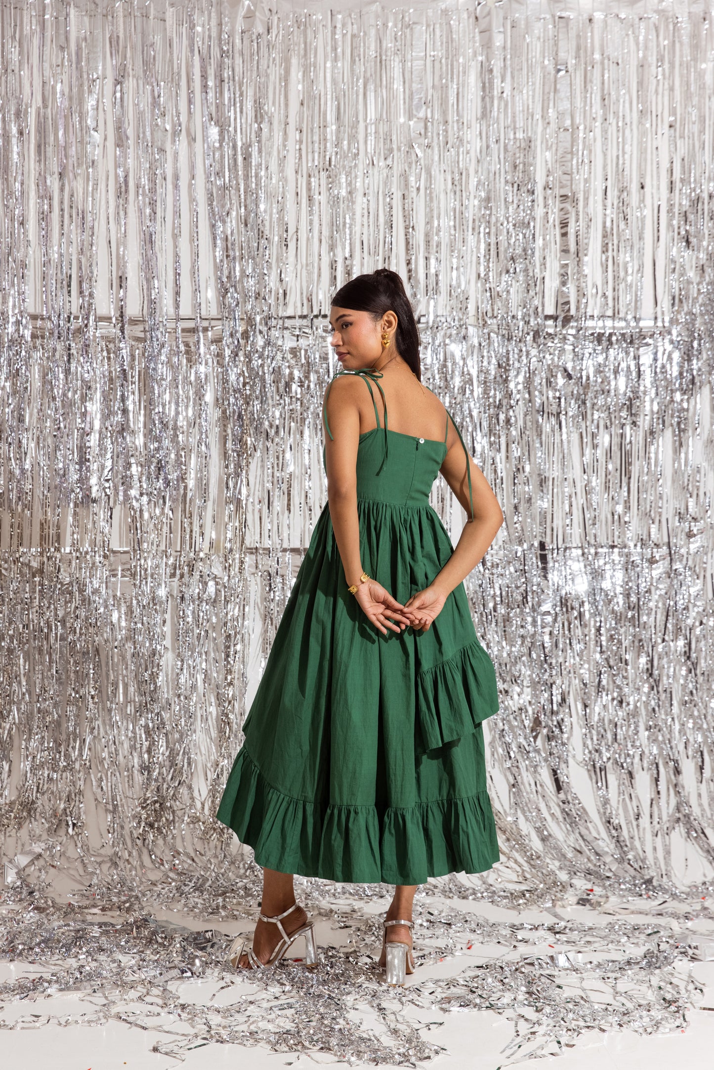 Green Thin Strap Ruffled Dress