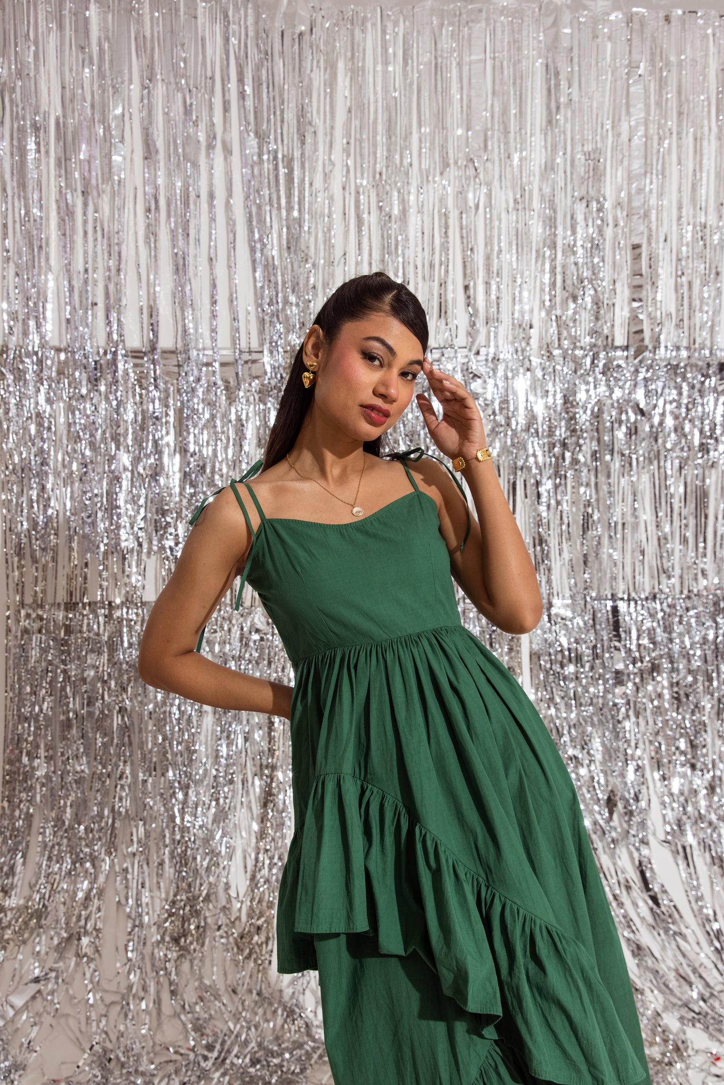 Green Thin Strap Ruffled Dress