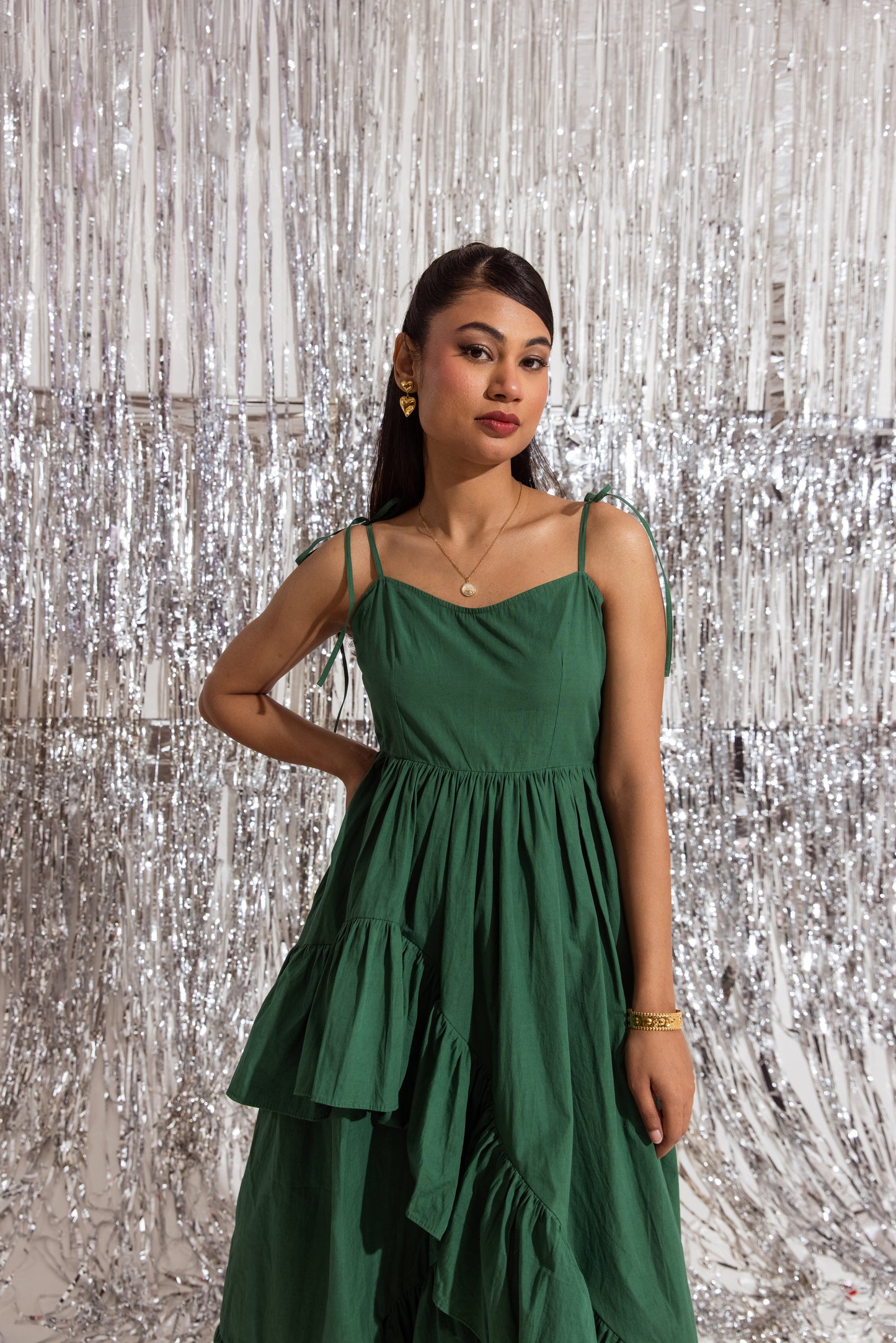 Green Thin Strap Ruffled Dress