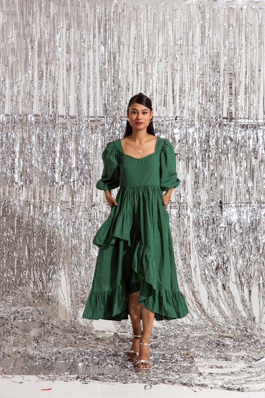 Green Sleeved Ruffled Dress