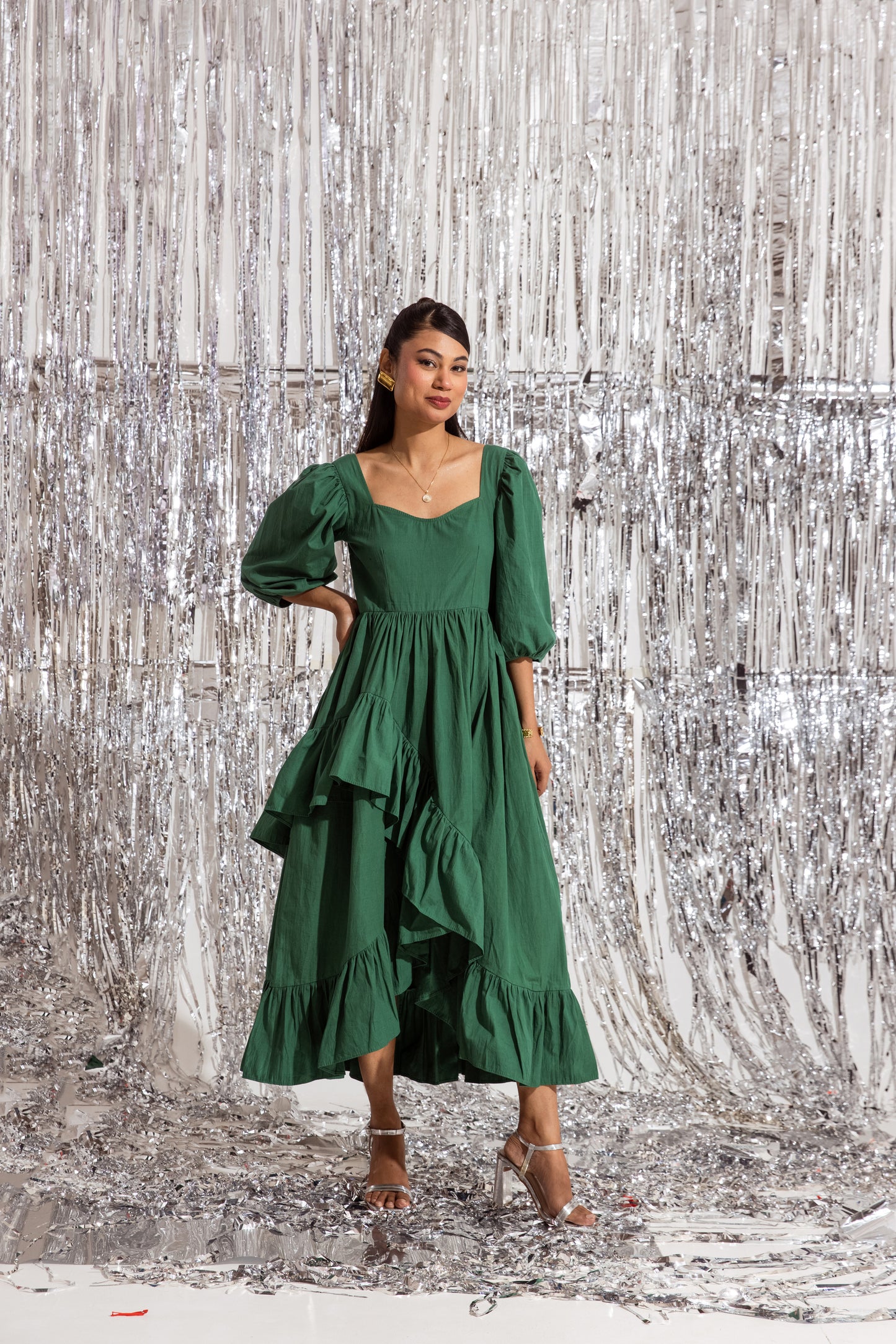 Green Sleeved Ruffled Dress