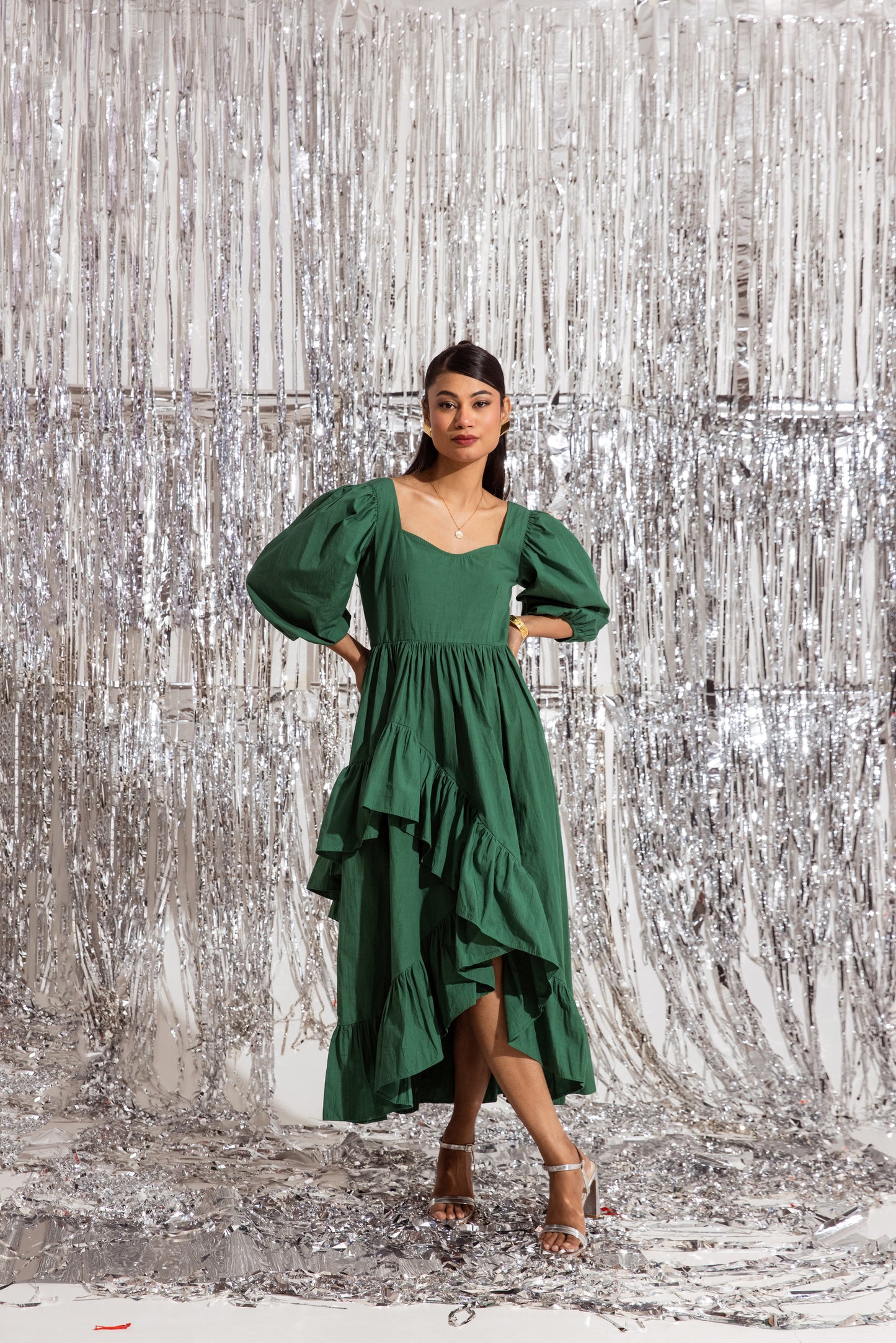 Green Sleeved Ruffled Dress