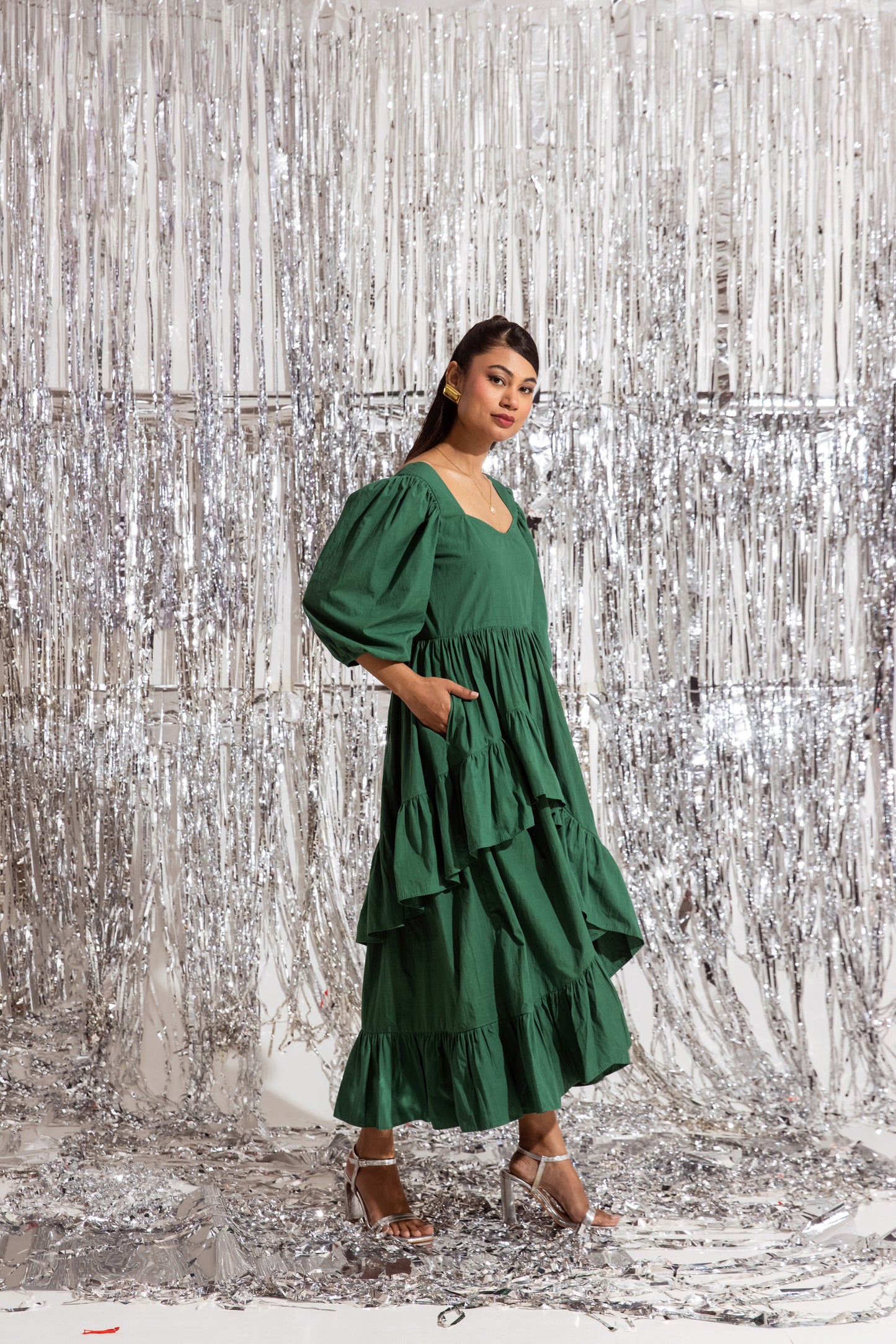 Green Sleeved Ruffled Dress