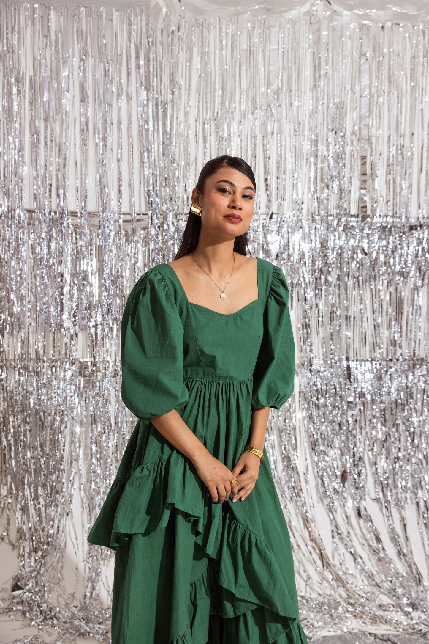 Green Sleeved Ruffled Dress