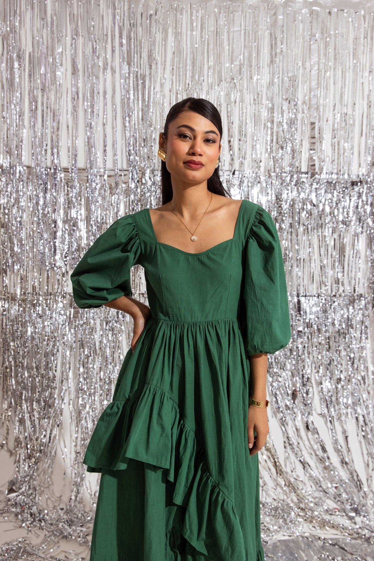 Green Sleeved Ruffled Dress