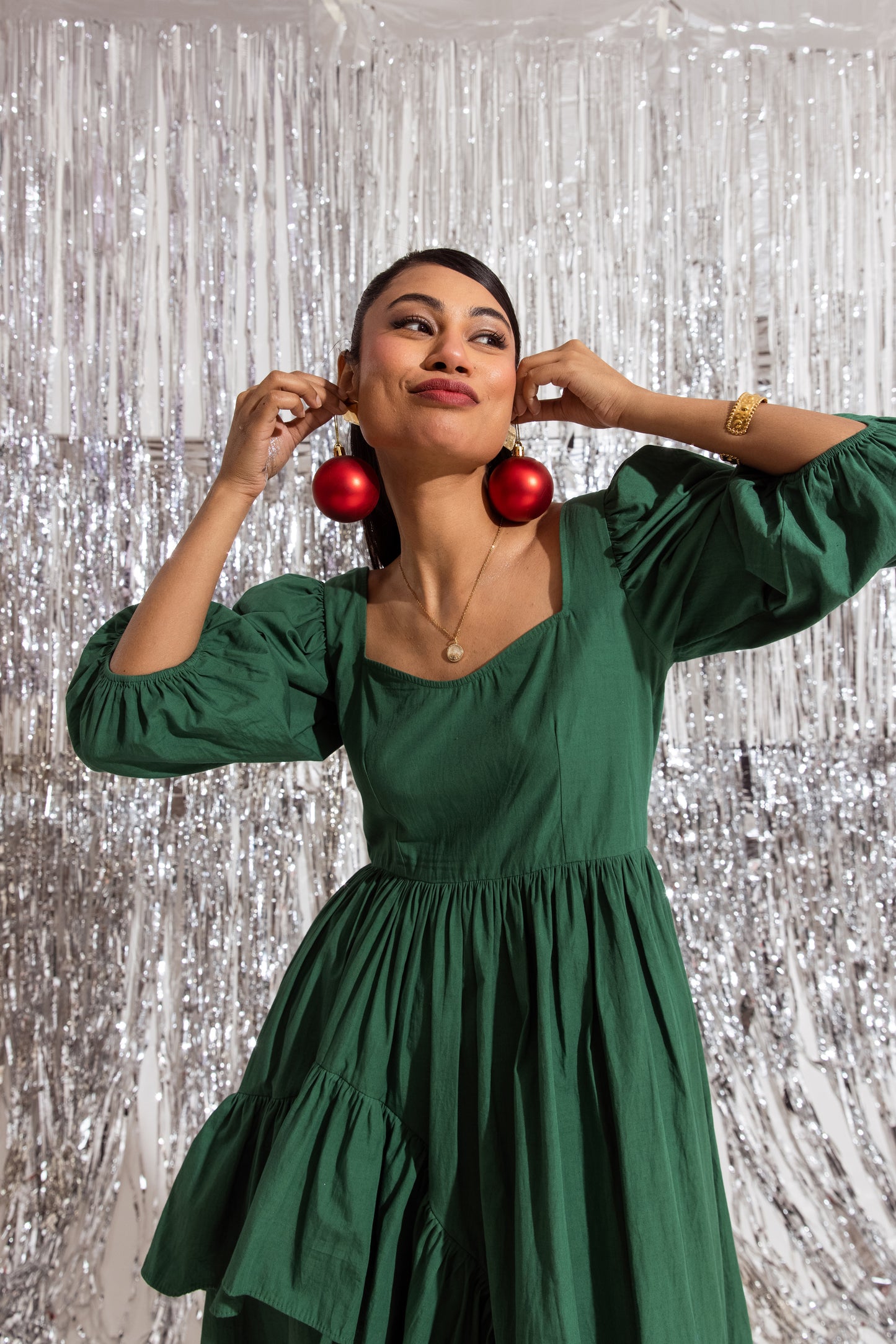 Green Sleeved Ruffled Dress