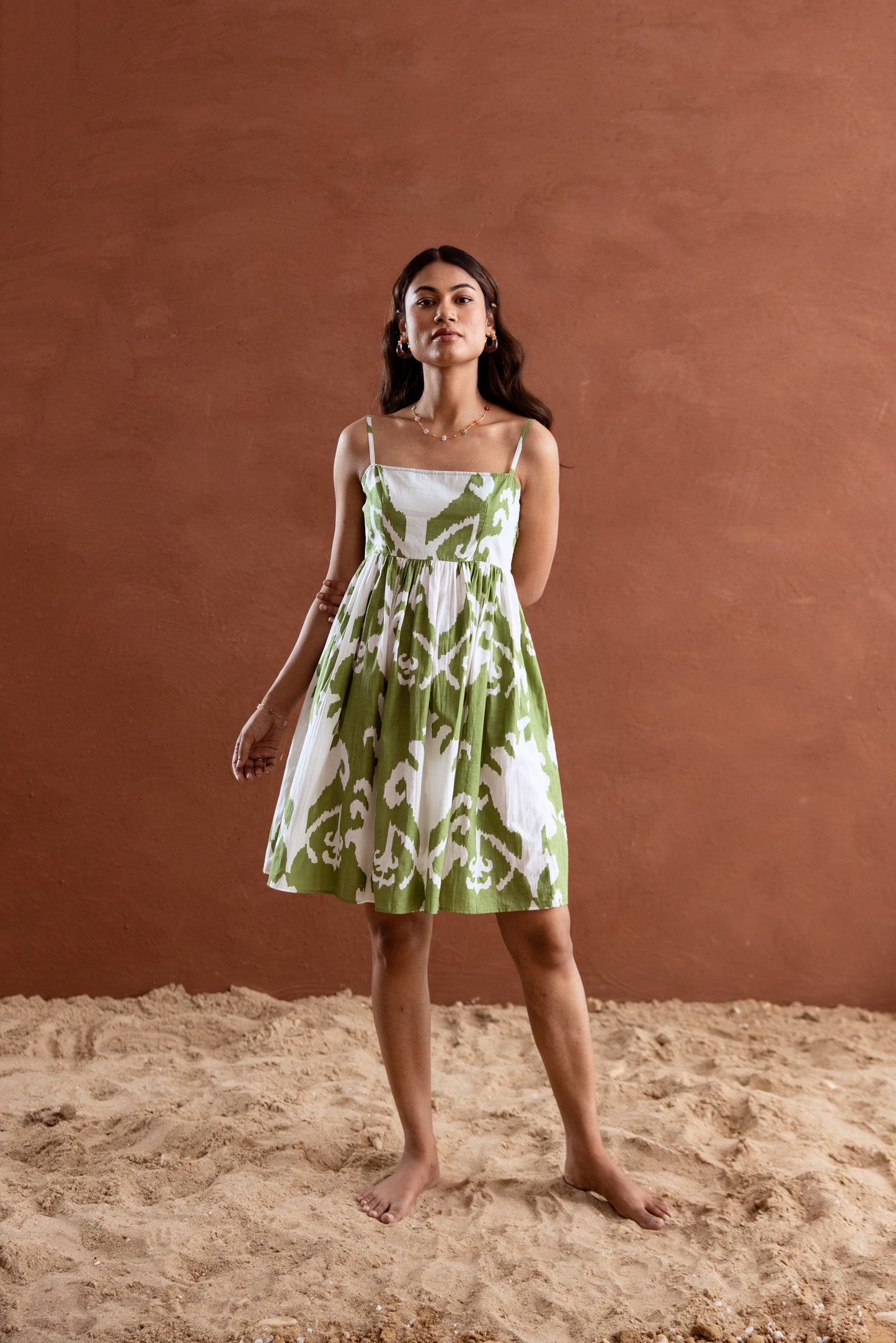 Green and White Patterned Square Neck Strappy Short Dress