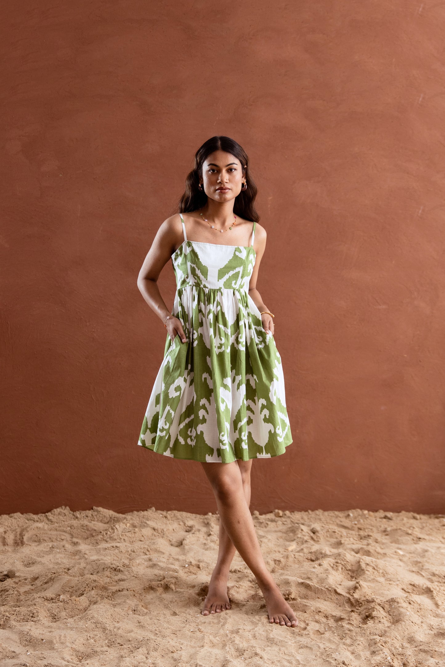 Green and White Patterned Square Neck Strappy Short Dress