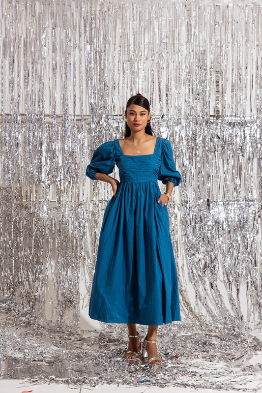 Blue Ruched Maxi Dress