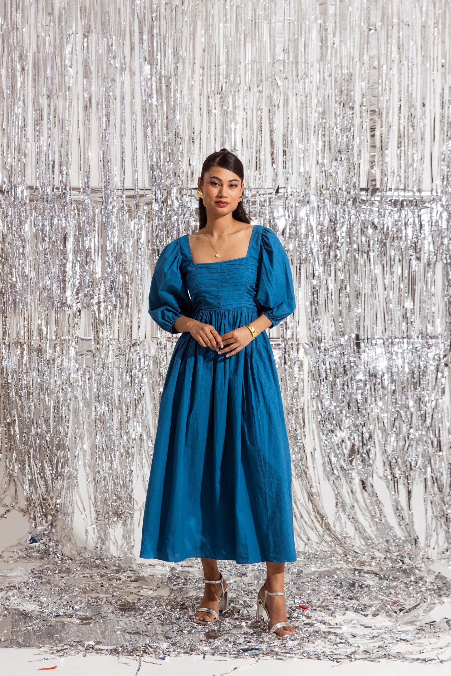 Blue Ruched Maxi Dress