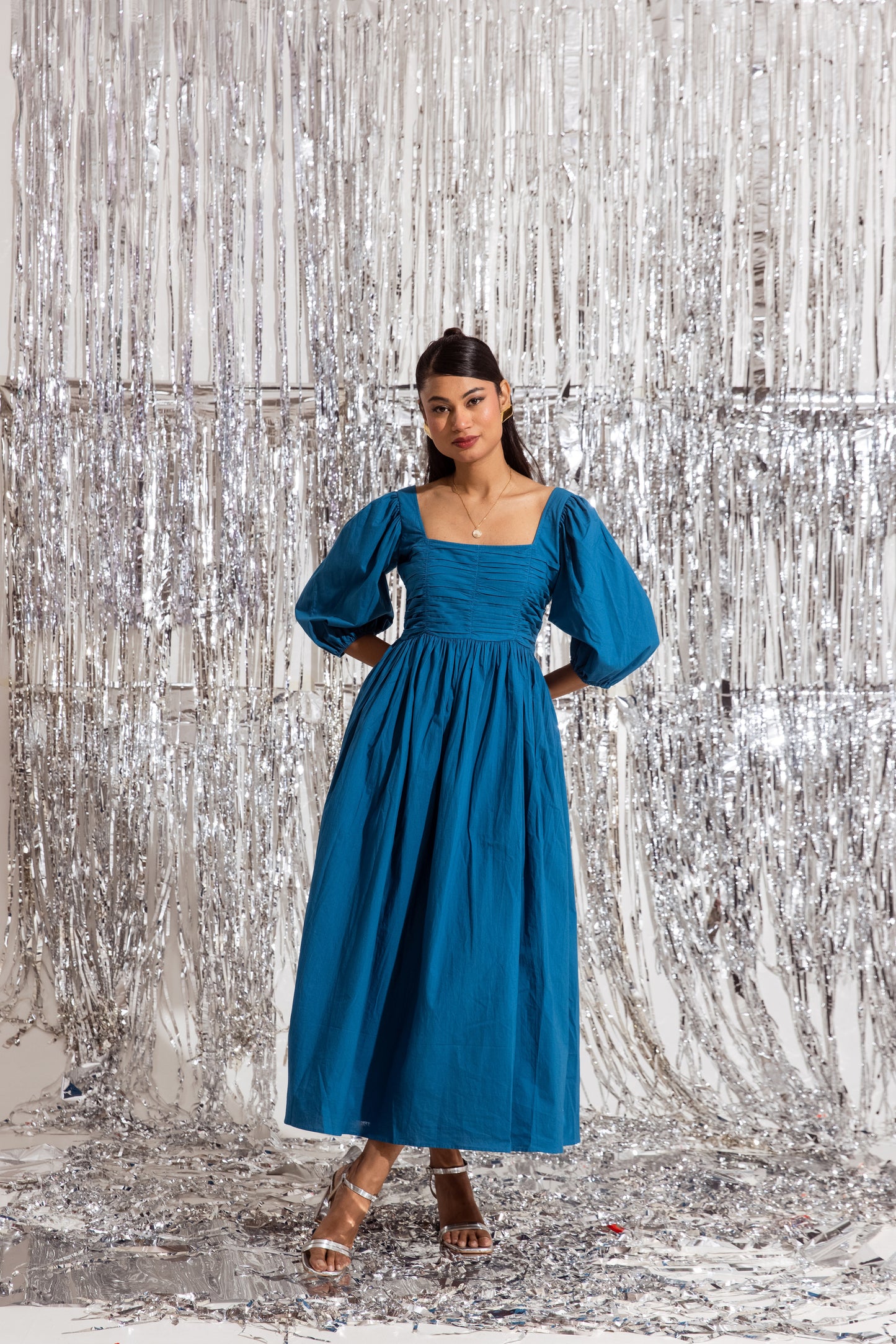 Blue Ruched Maxi Dress