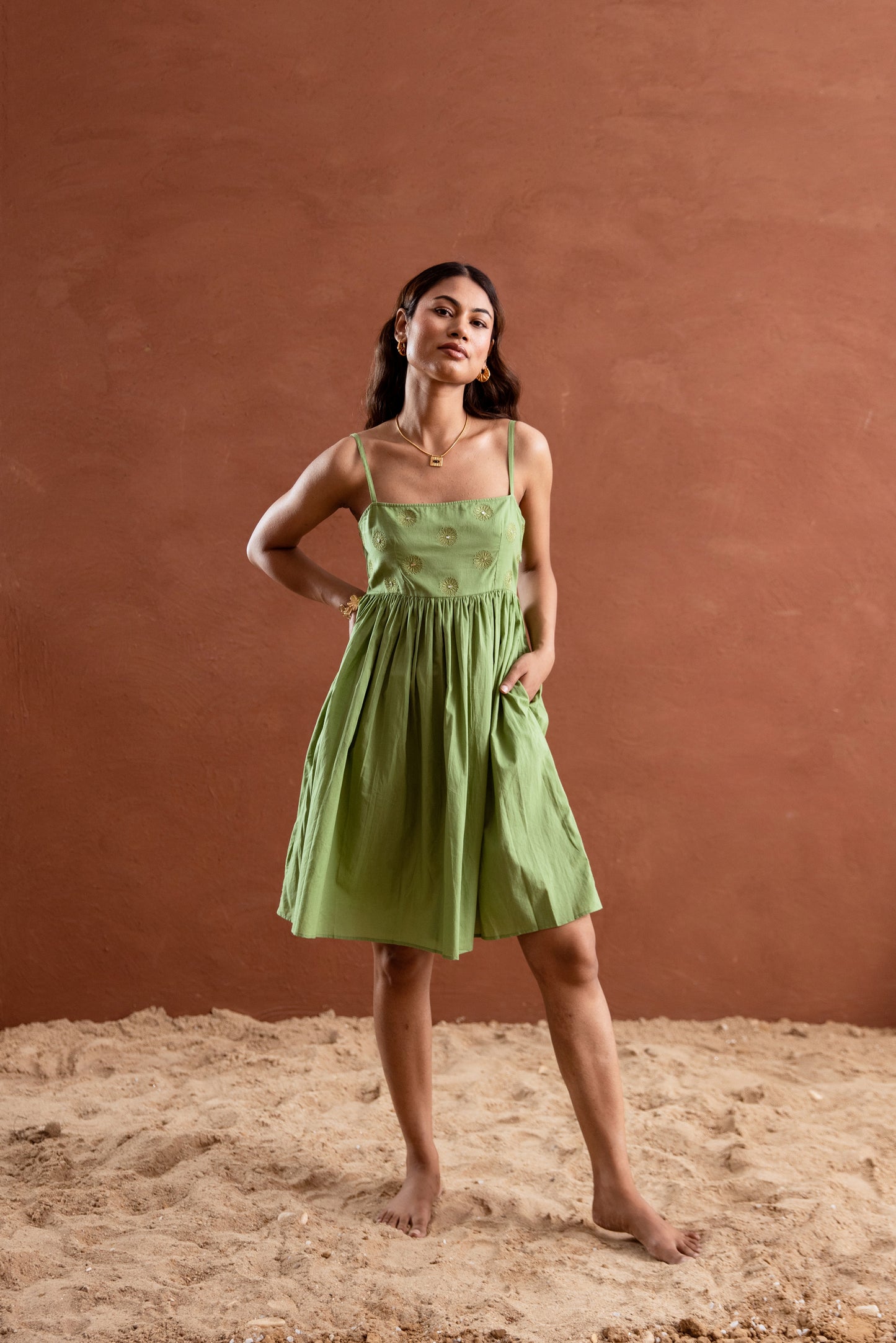 Solid Green Strappy Square Neck Short Dress