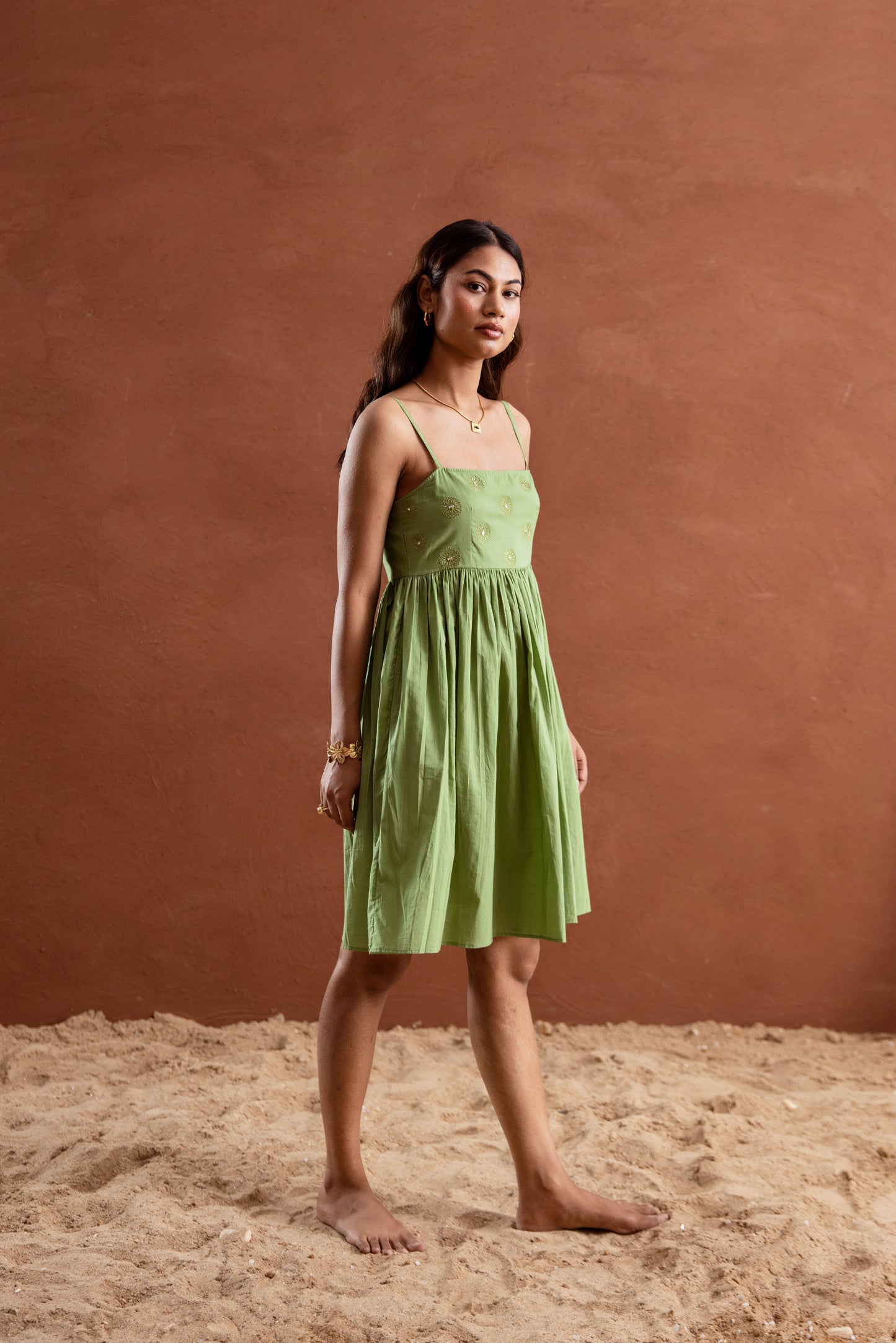 Solid Green Strappy Square Neck Short Dress