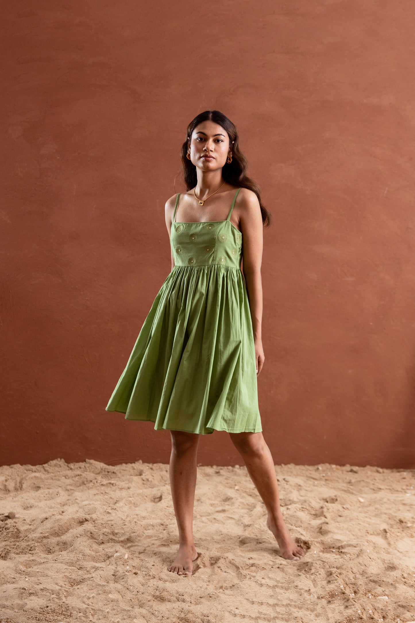 Solid Green Strappy Square Neck Short Dress