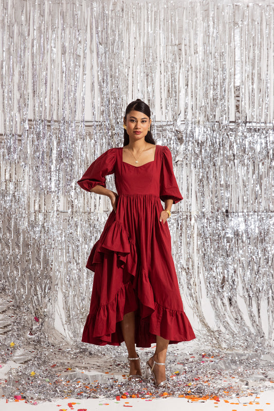 Red Sleeved Ruffled Dress