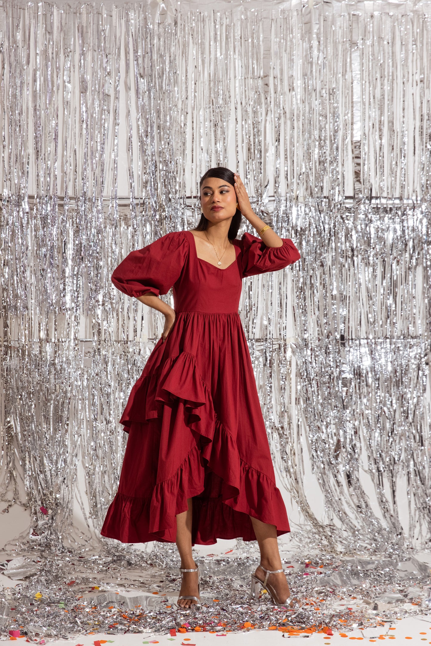 Red Sleeved Ruffled Dress