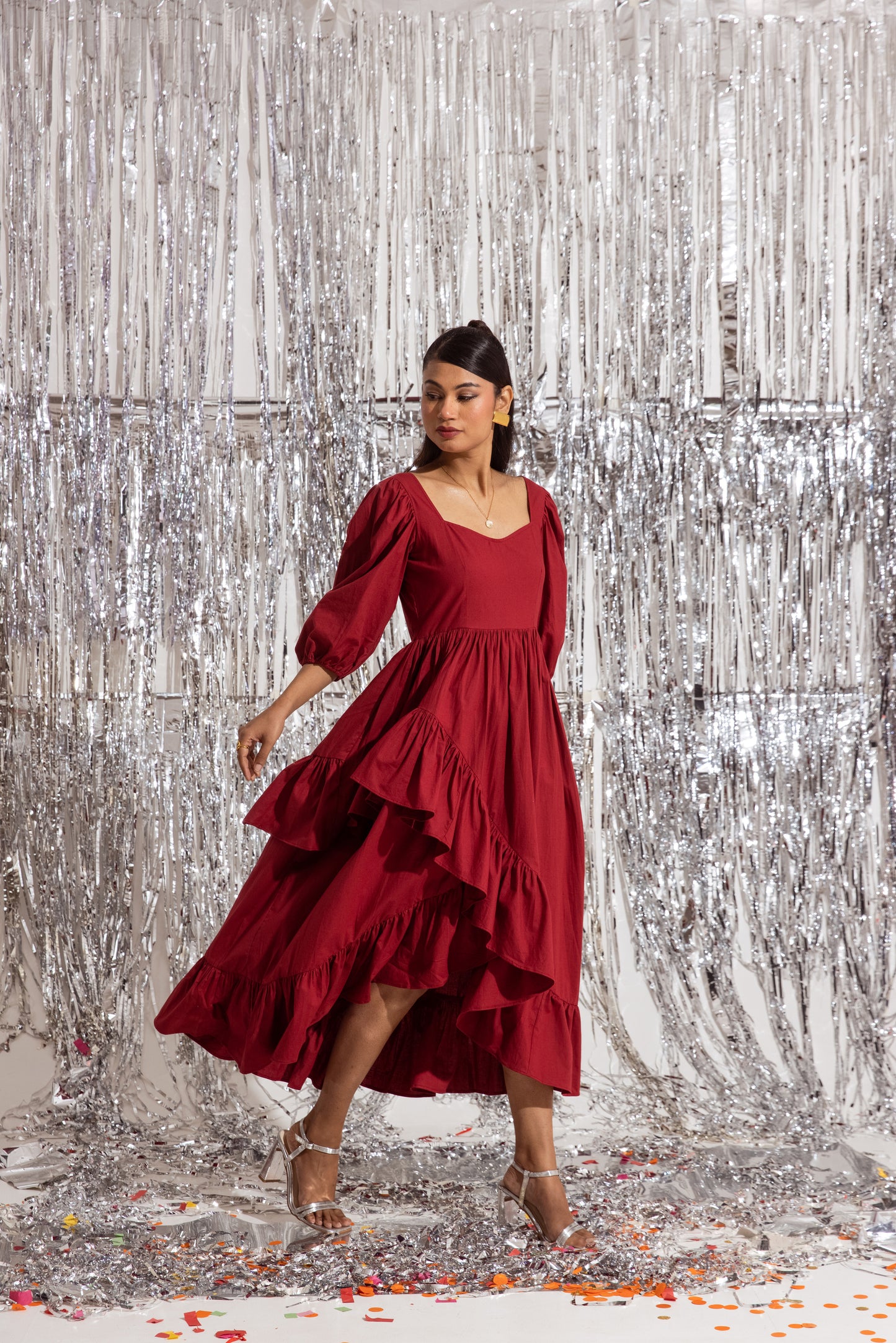 Red Sleeved Ruffled Dress