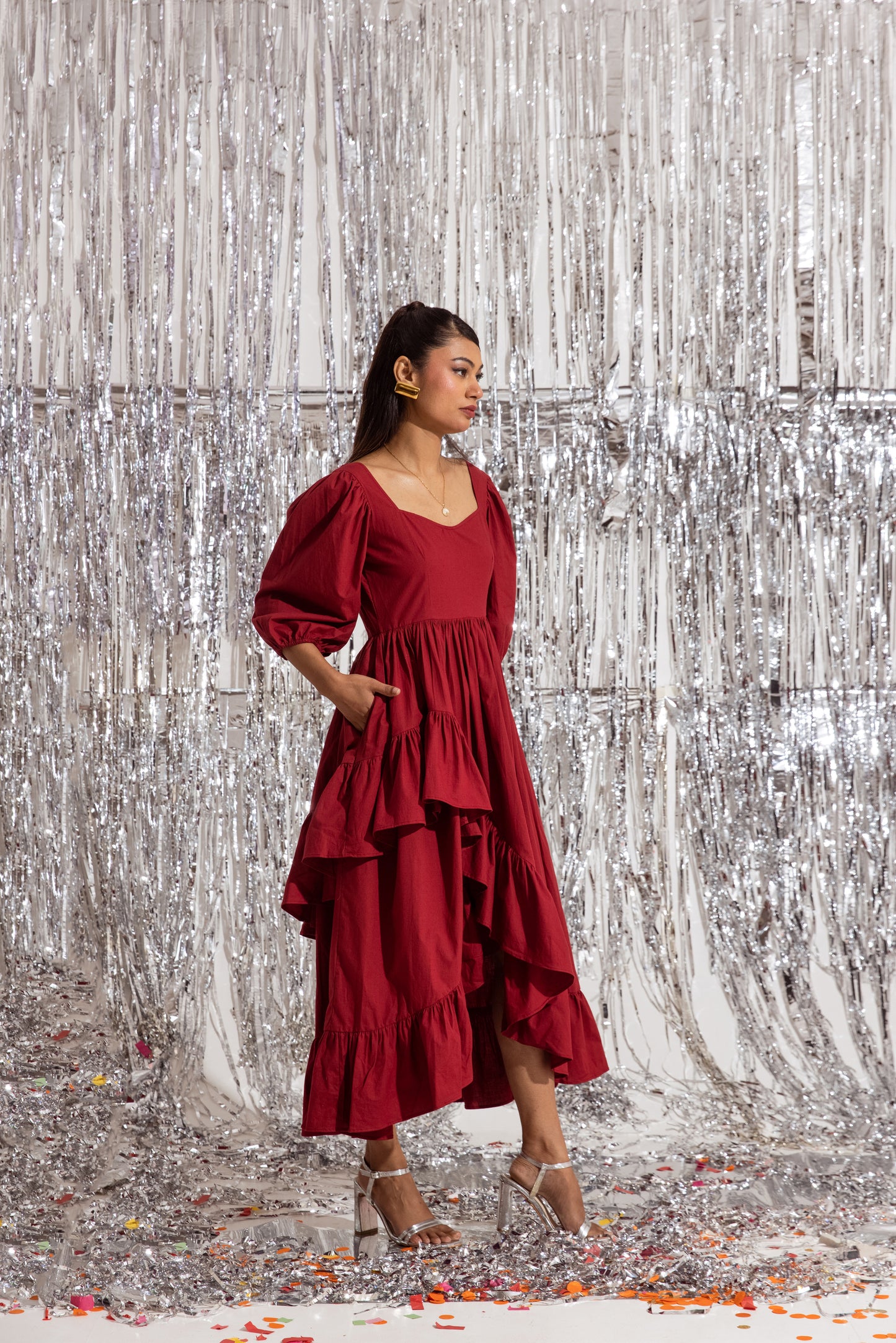 Red Sleeved Ruffled Dress