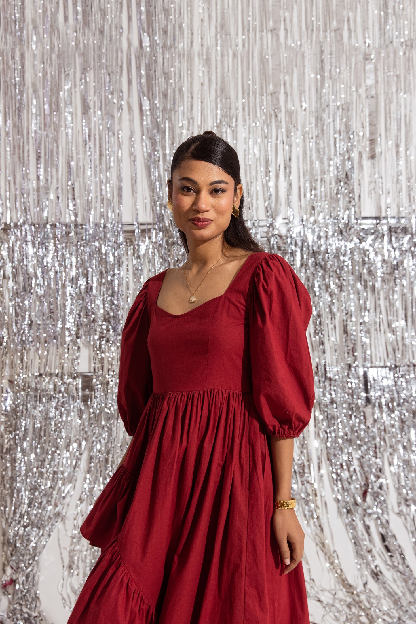 Red Sleeved Ruffled Dress