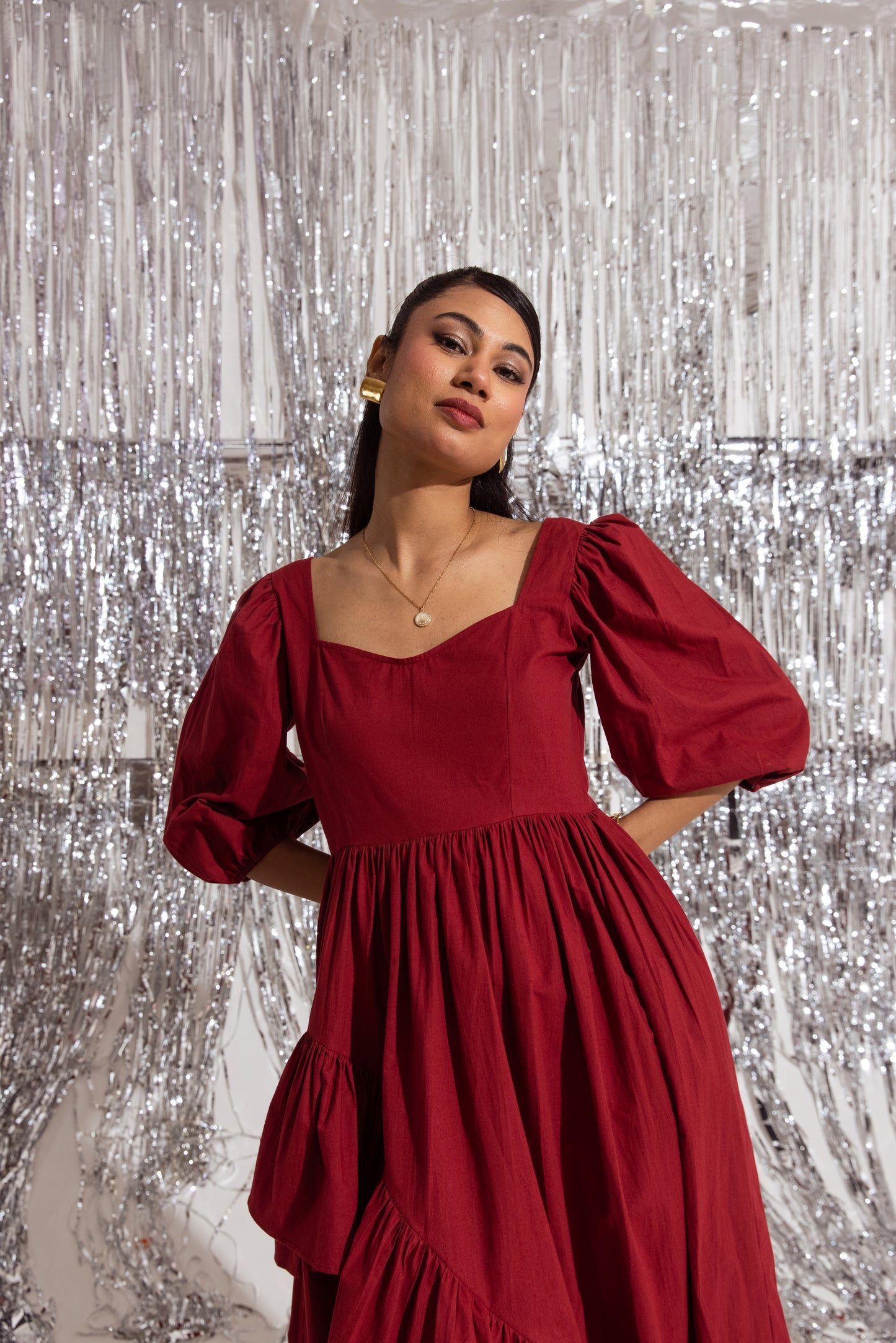 Red Sleeved Ruffled Dress