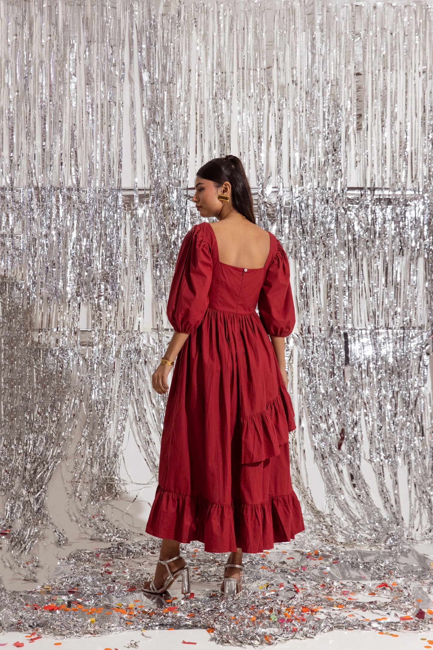 Red Sleeved Ruffled Dress