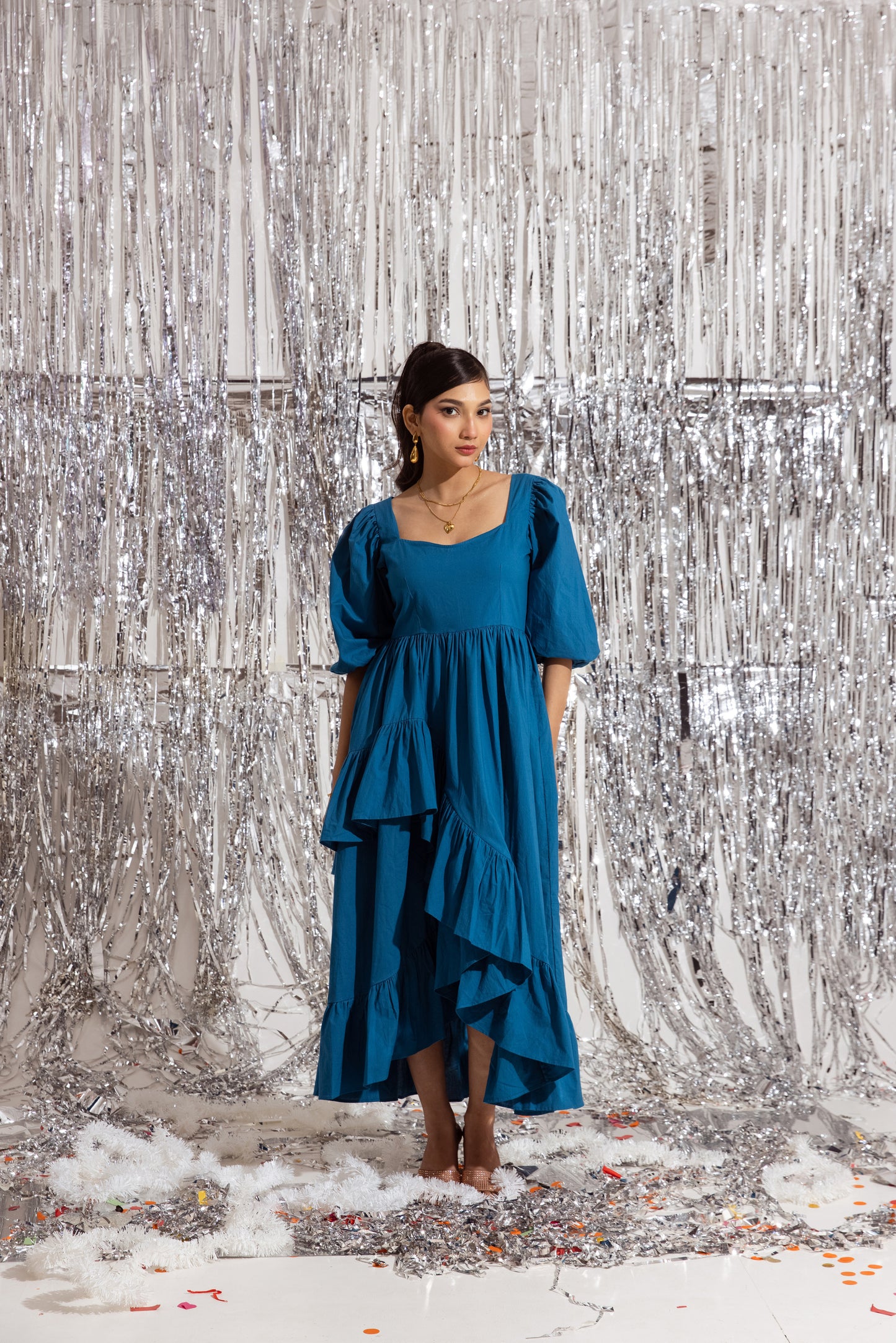 Blue Sleeved Ruffled Dress