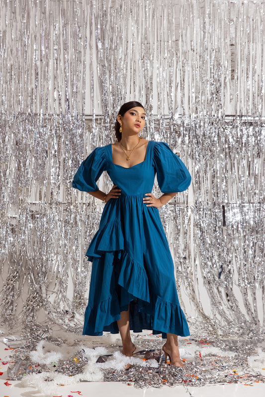 Blue Sleeved Ruffled Dress