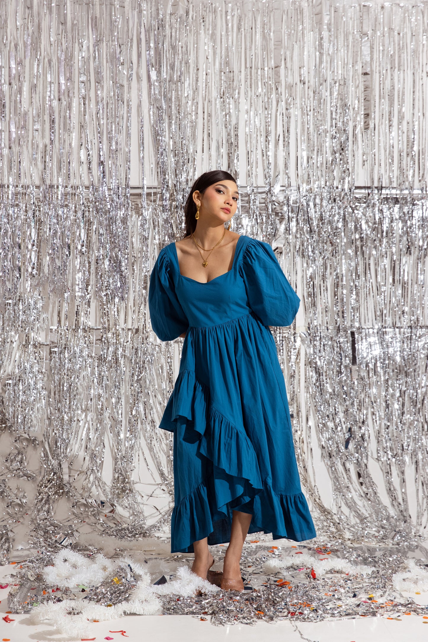 Blue Sleeved Ruffled Dress