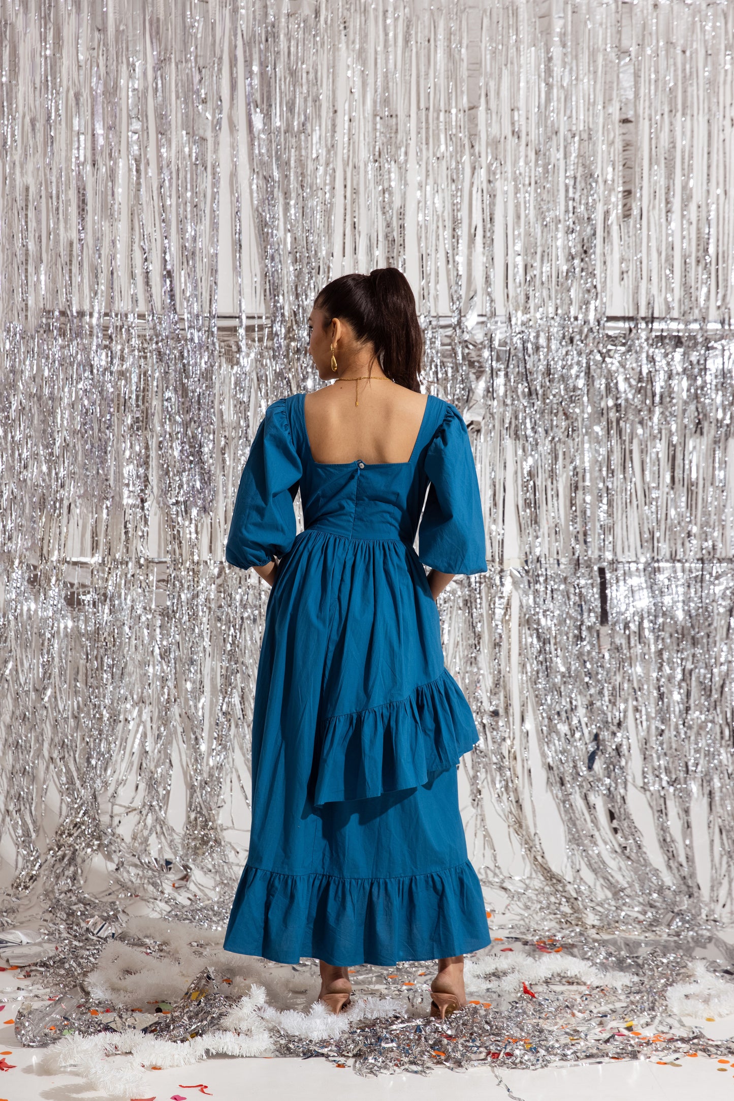 Blue Sleeved Ruffled Dress