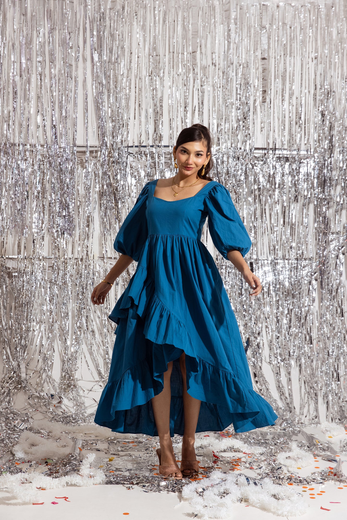 Blue Sleeved Ruffled Dress