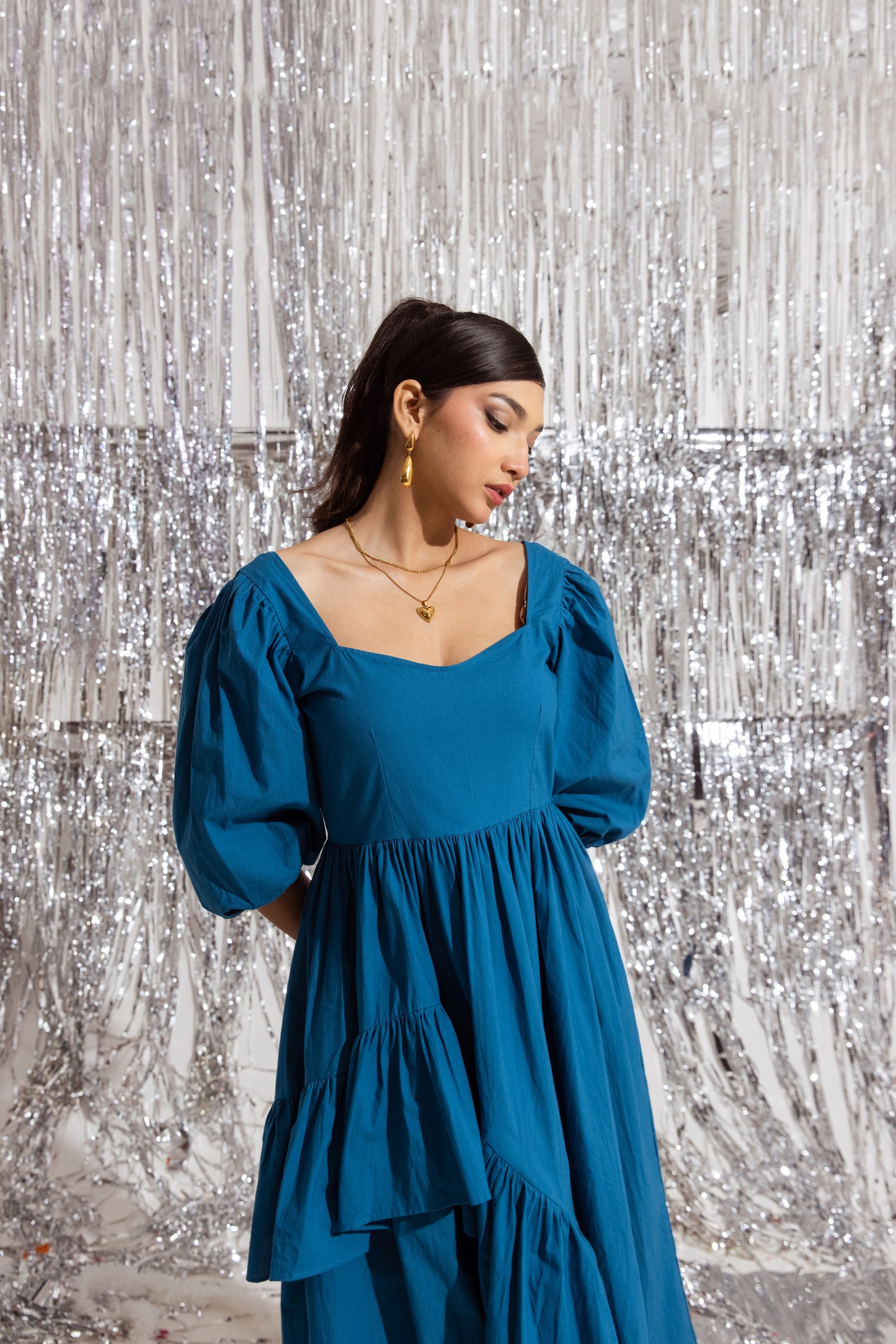 Blue Sleeved Ruffled Dress