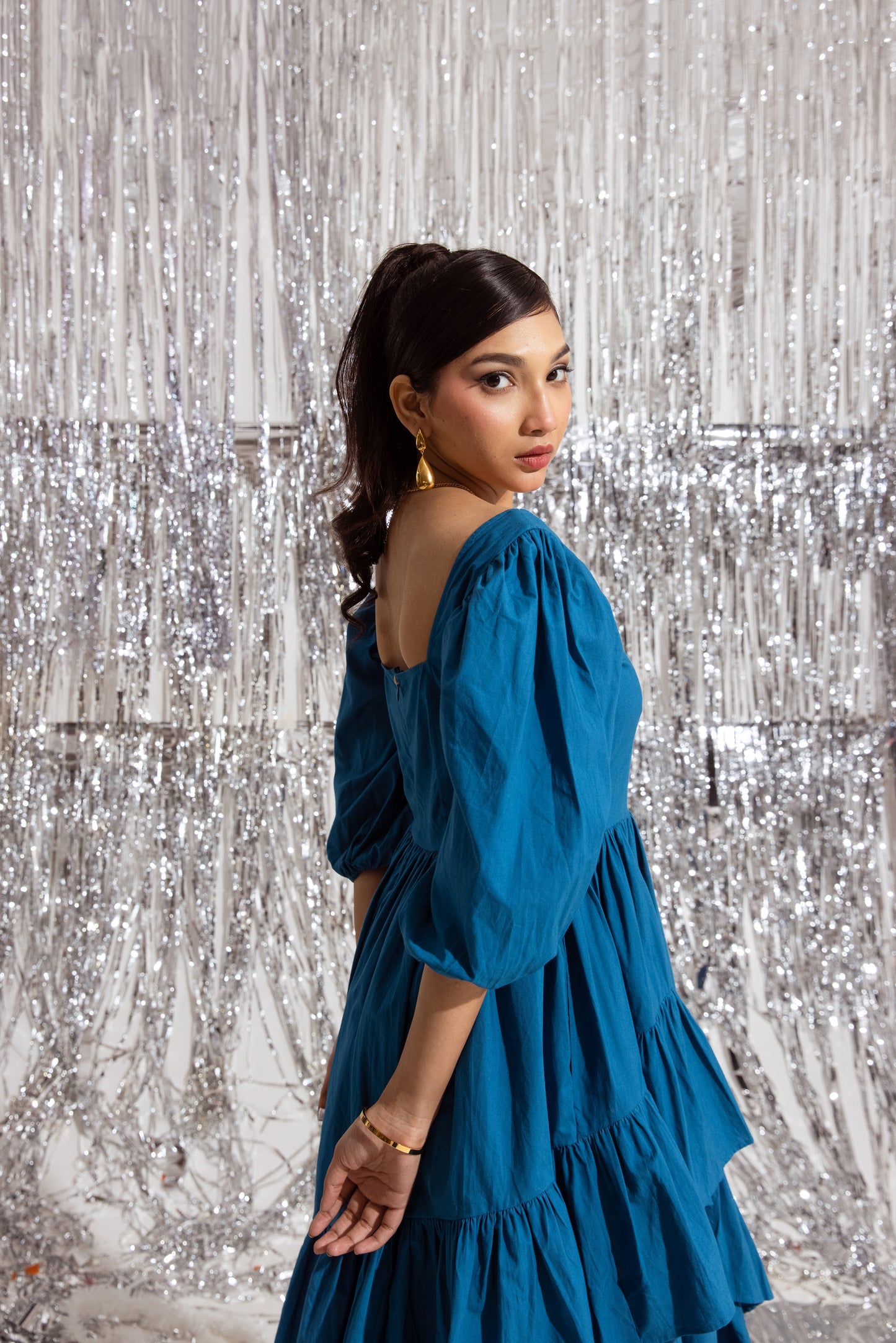 Blue Sleeved Ruffled Dress