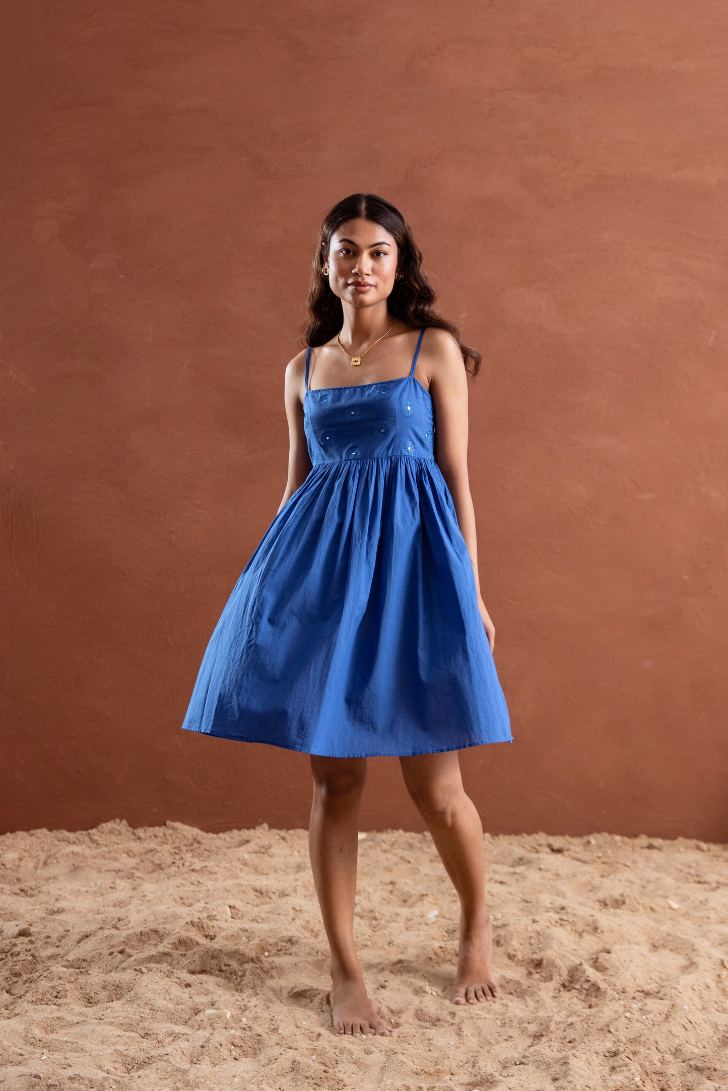 Solid Blue Strappy Square Neck Short Dress