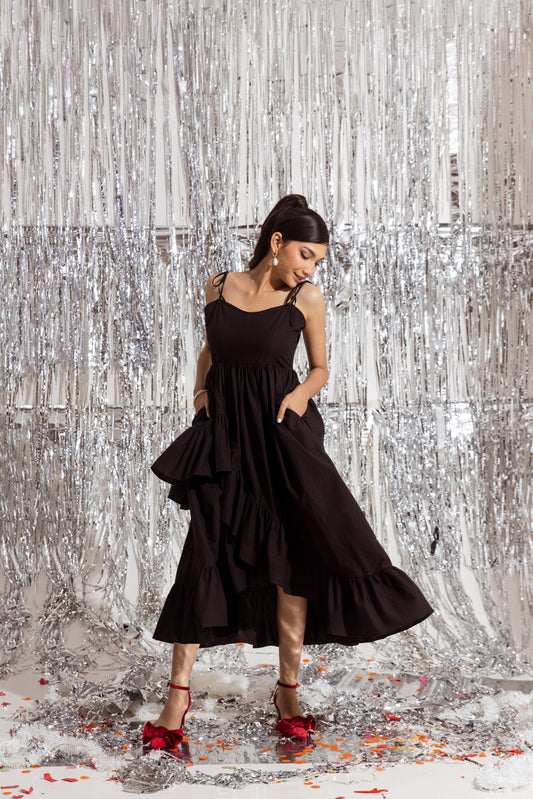 Black Thin Strap Ruffled Dress