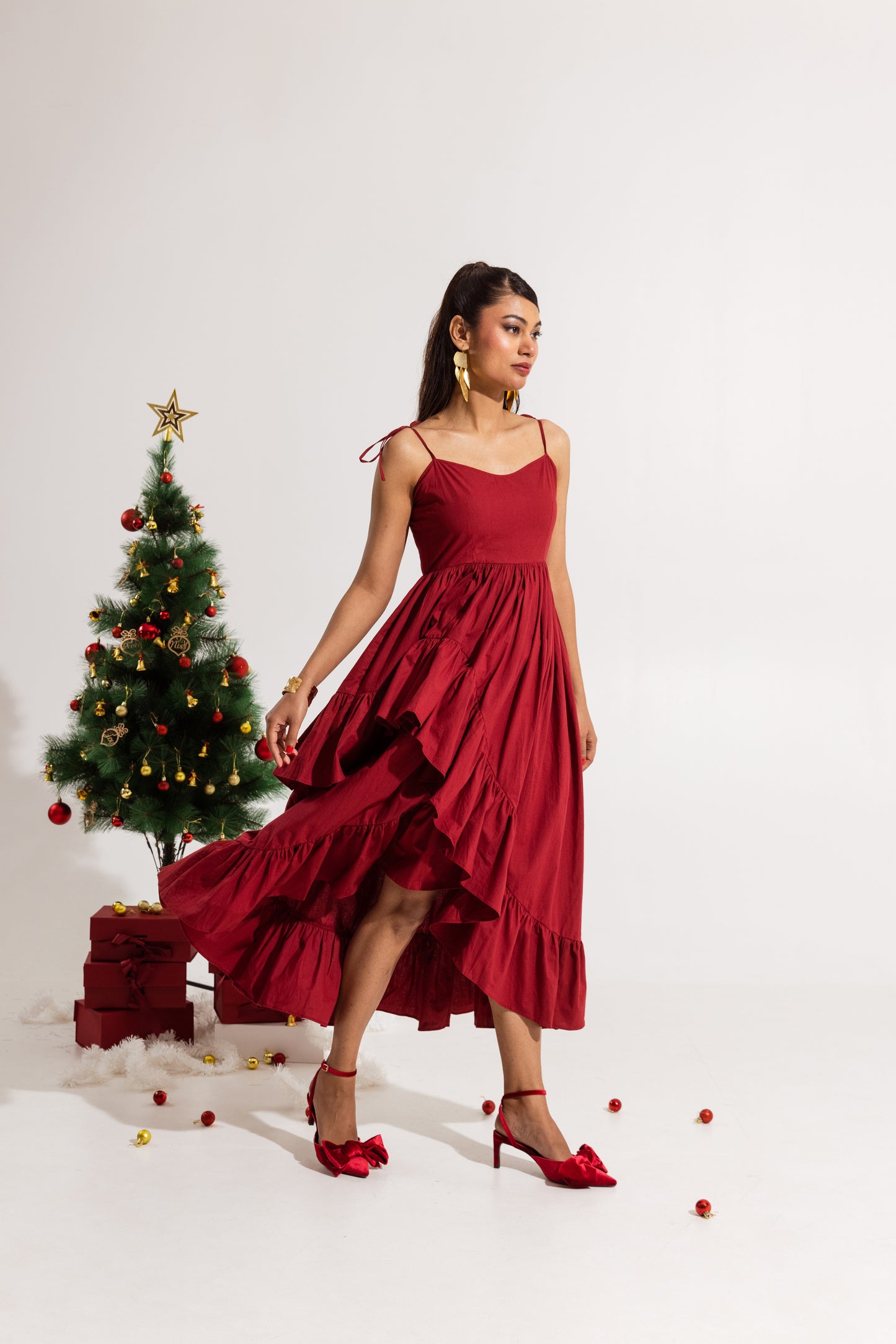 Red Thin Strap Ruffled Dress