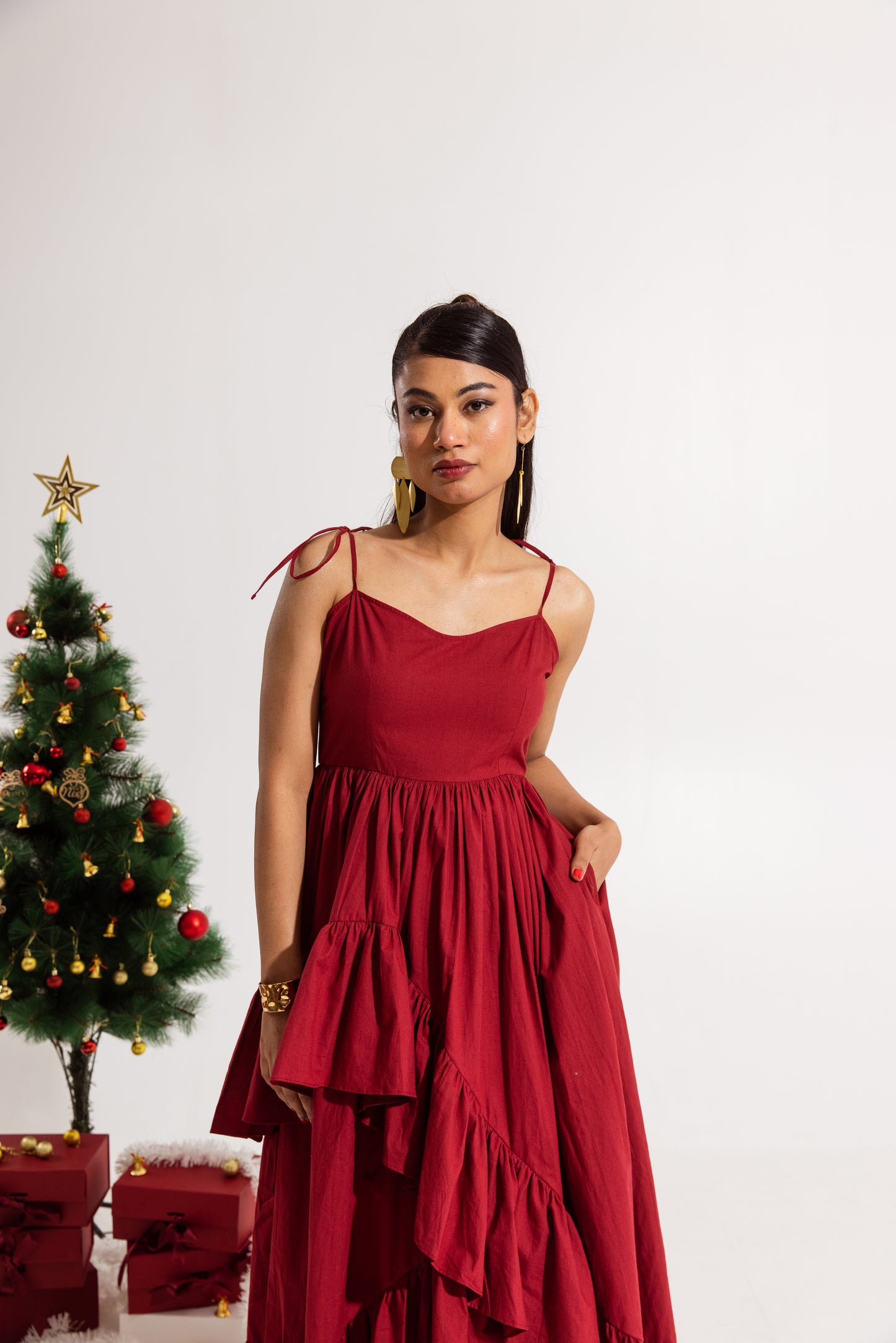 Red Thin Strap Ruffled Dress