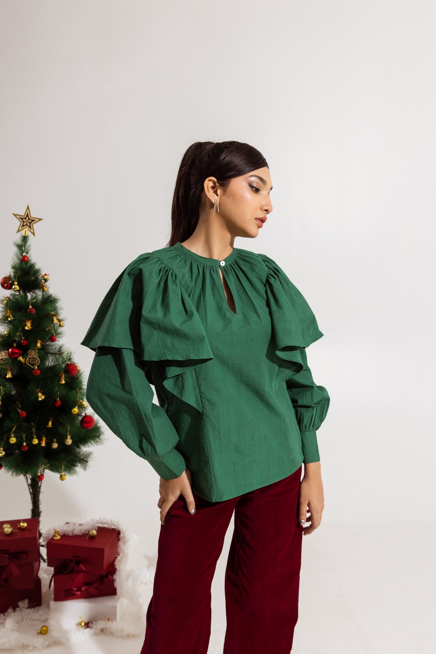 Green Ruffled Sleeved Top