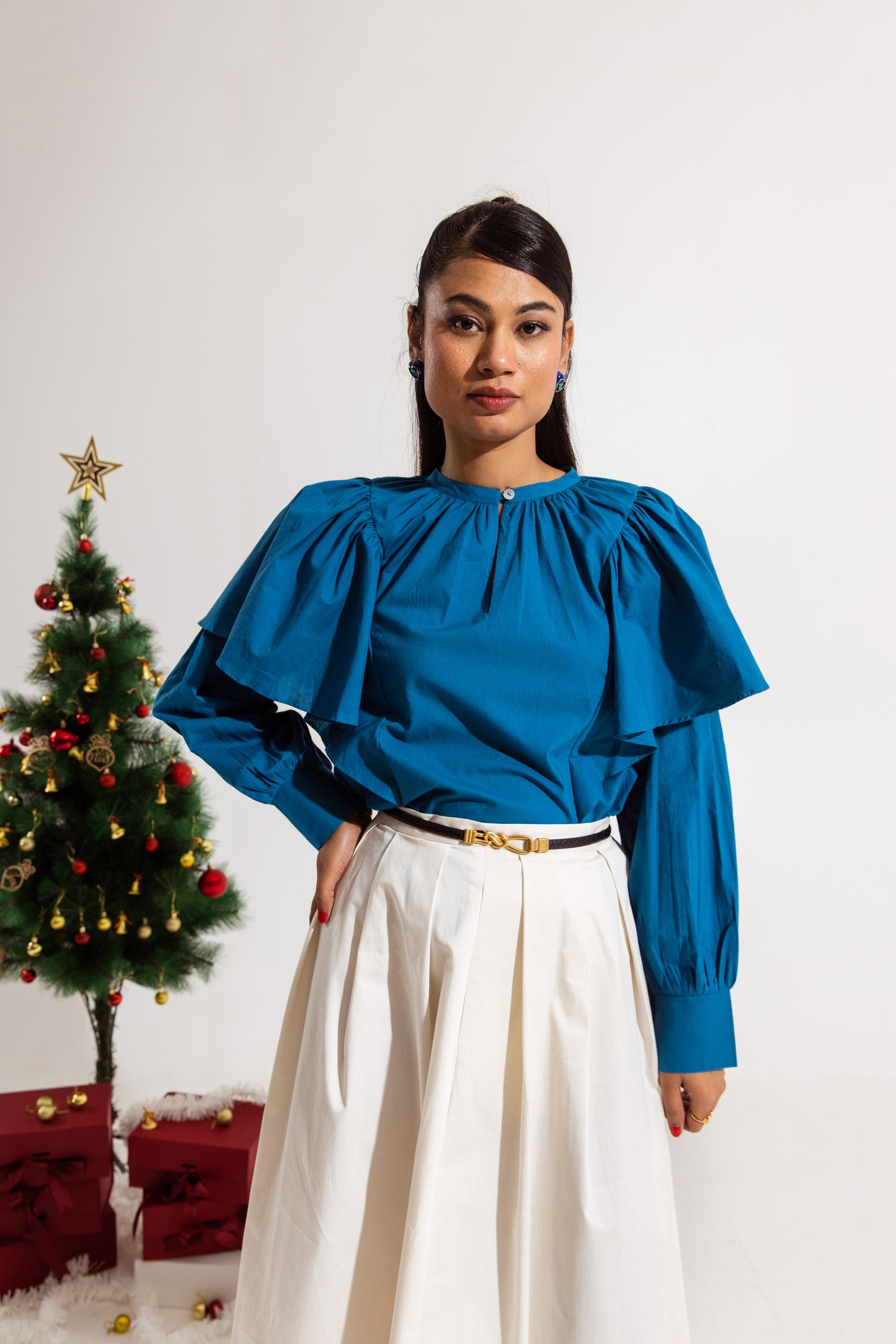 Blue Ruffled Sleeved Top