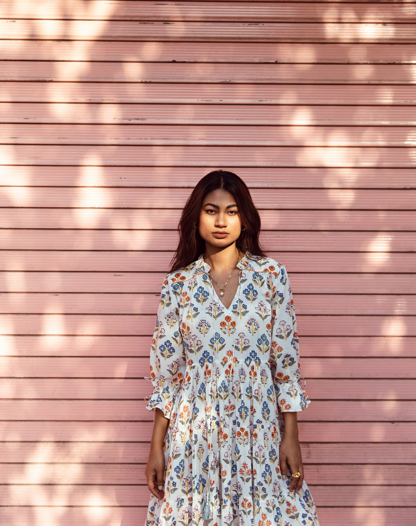 White Printed Box Pleated Dress