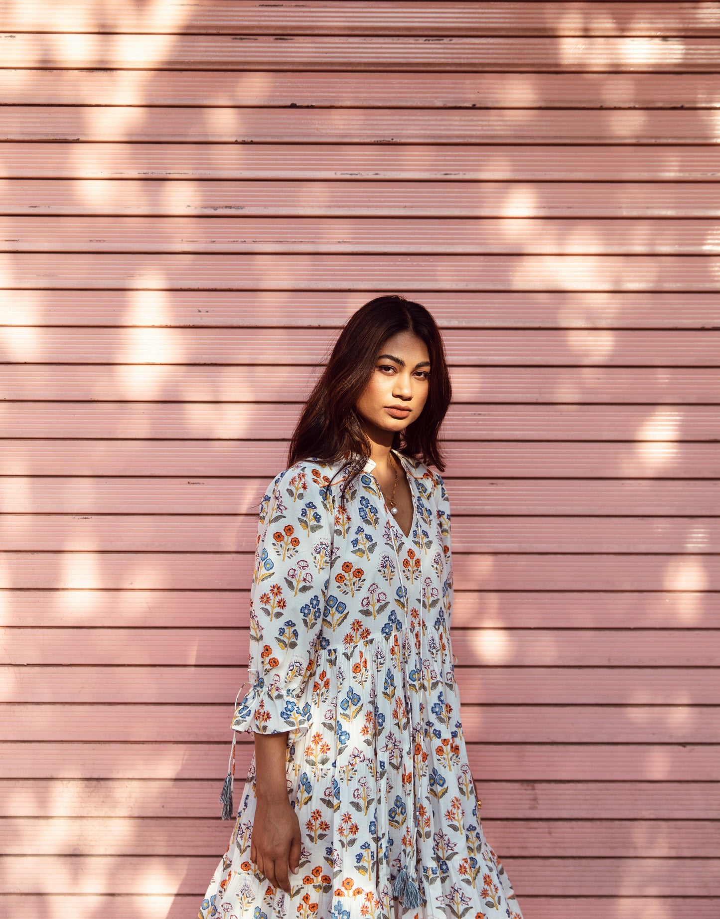 White Printed Box Pleated Dress