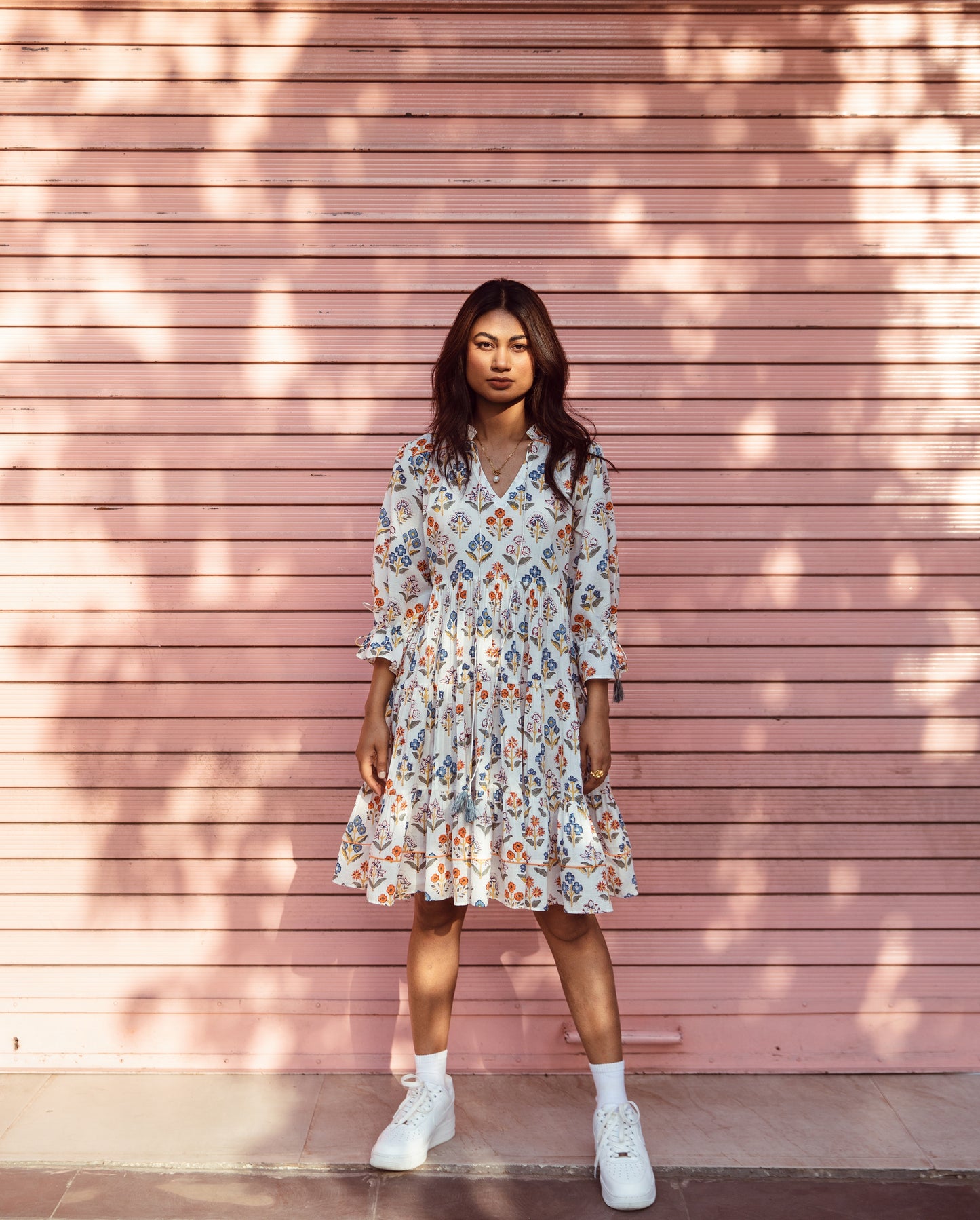 White Printed Box Pleated Dress