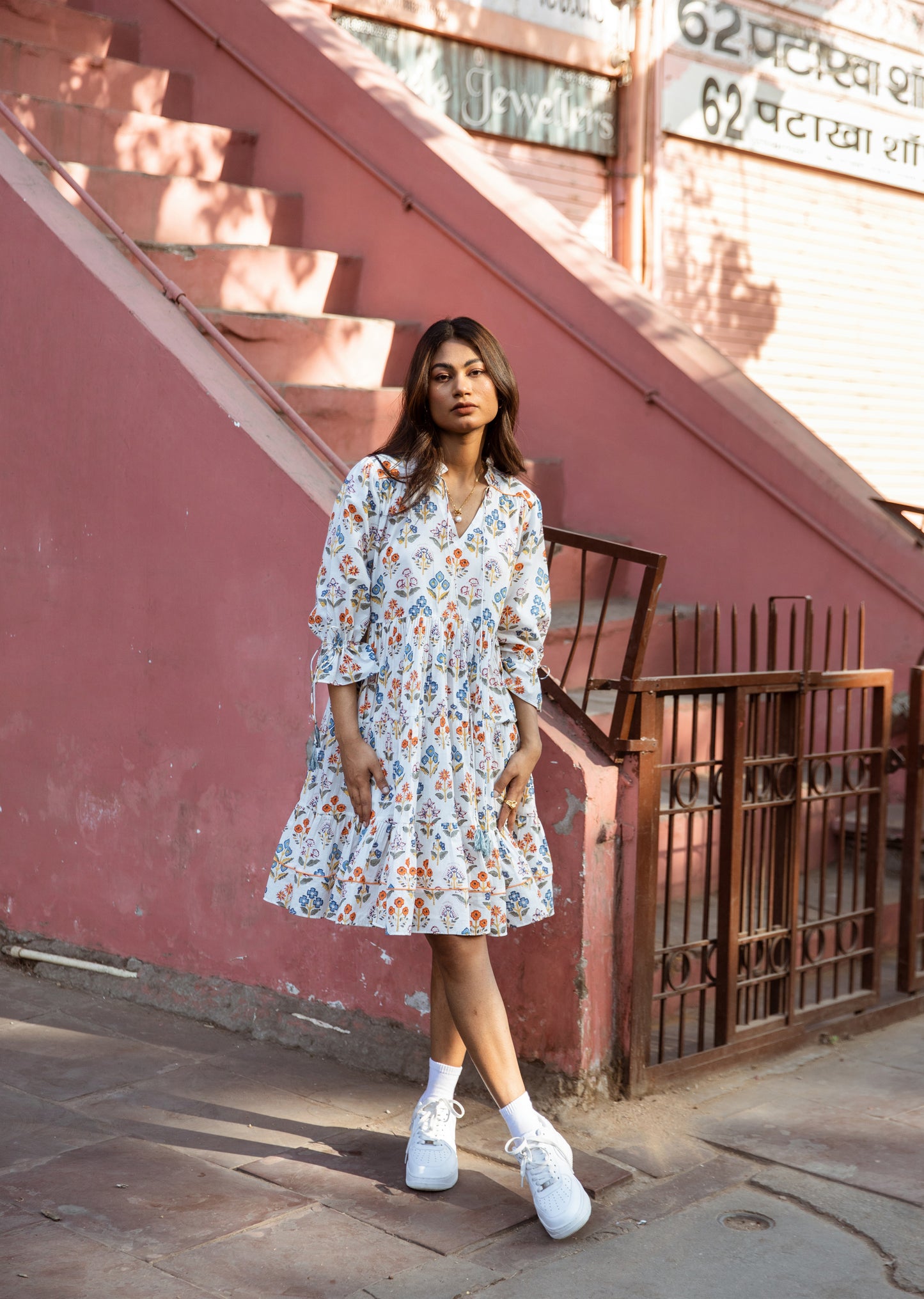 White Printed Box Pleated Dress